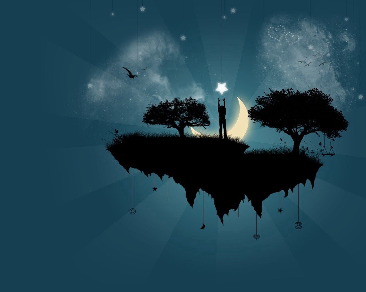 Download mobile wallpaper Trees, Star, Person, Silhouette, Human, Island, Birds, Moon, Vector for free.