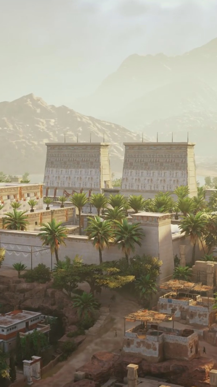 Скачать картинку Пальмы, Египет, Гора, Пальма, Храм, Видеоигры, Кредо Ассасина, Assassin's Creed: Истоки в телефон бесплатно.
