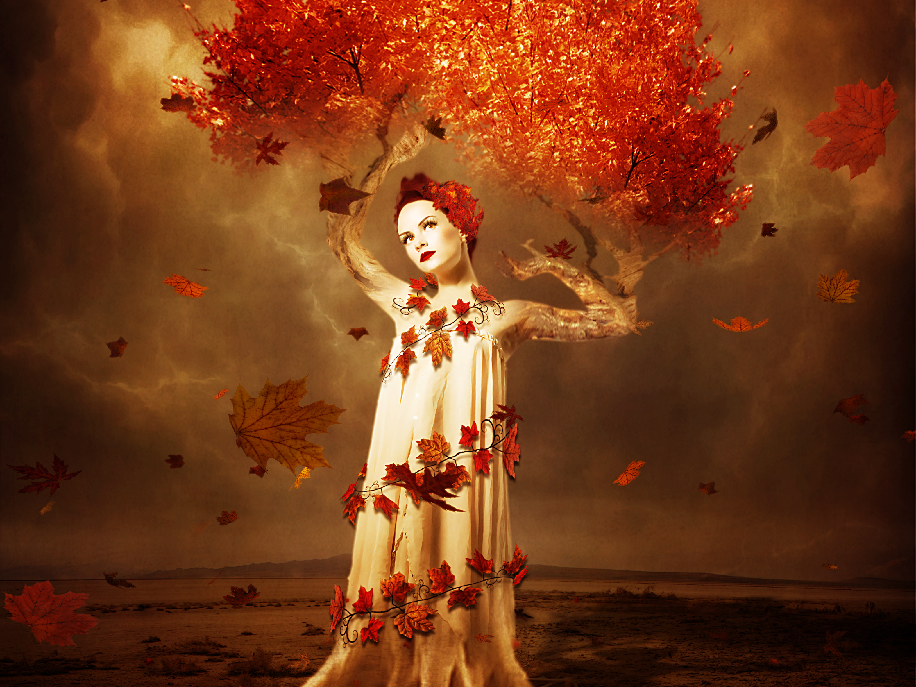 Free download wallpaper Fantasy, Leaf, Fall, Artistic, Women on your PC desktop