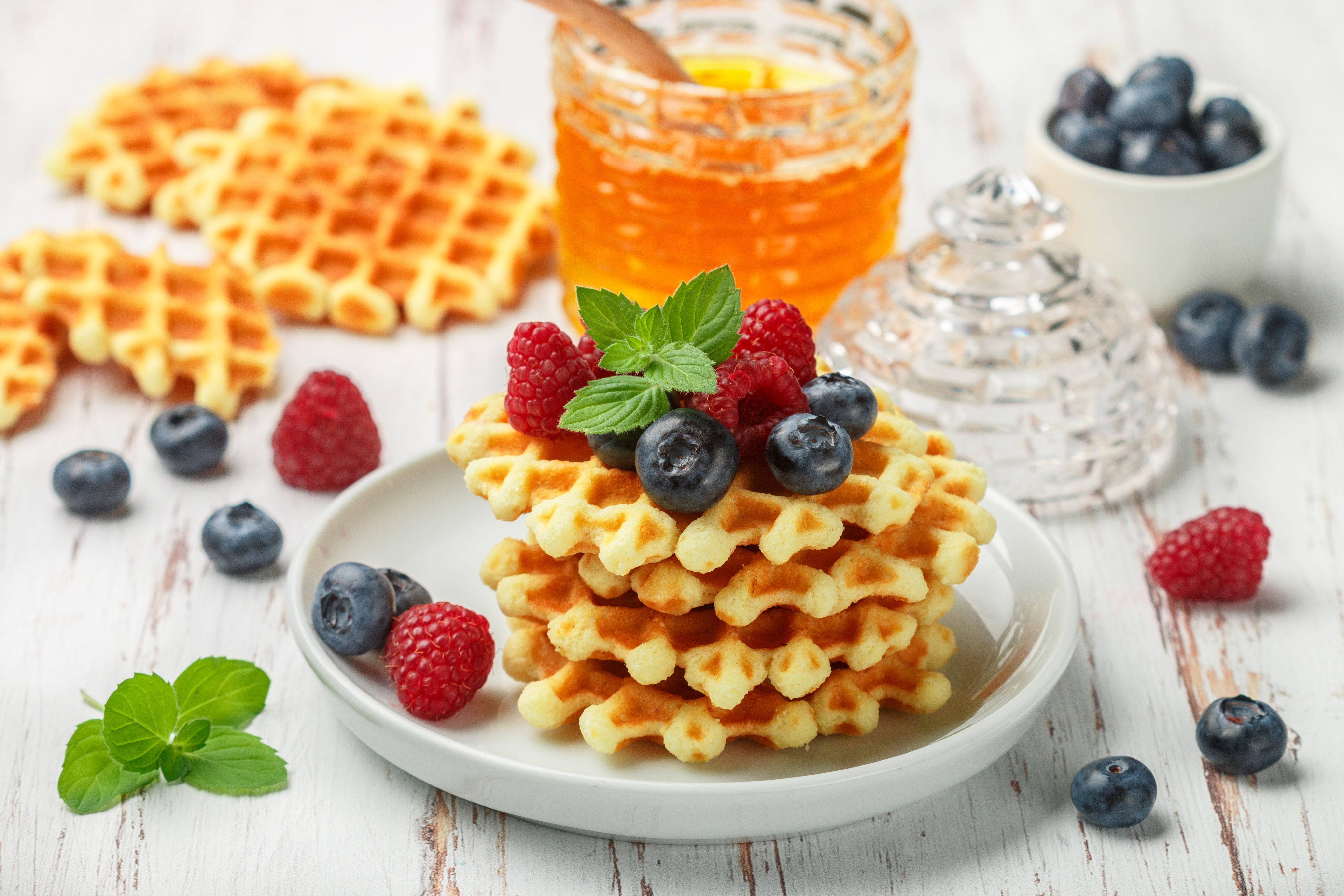 Download mobile wallpaper Food, Blueberry, Raspberry, Still Life, Berry, Fruit, Waffle, Breakfast for free.