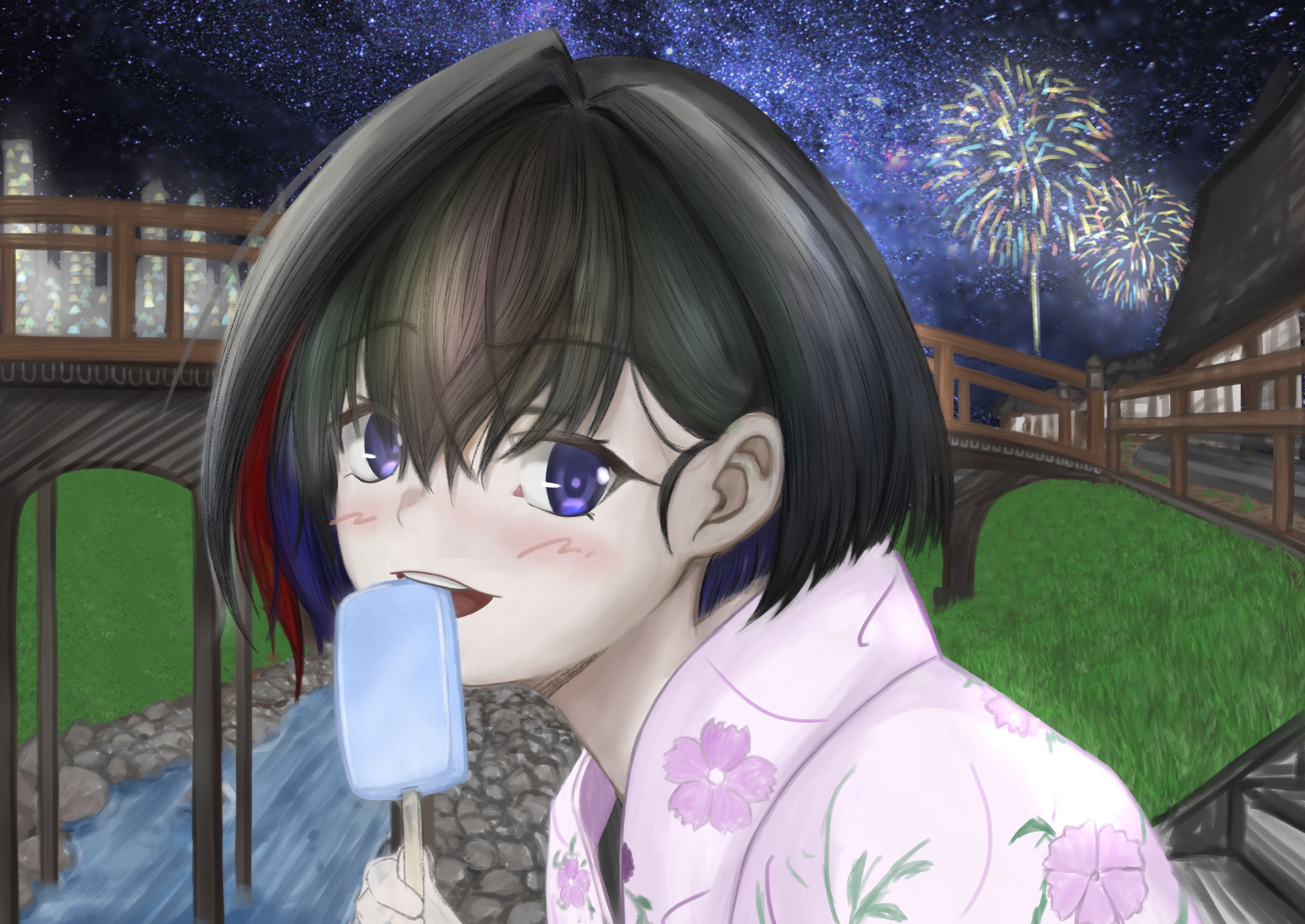 Laden Sie das Feuerwerk, Blaue Augen, Original, Animes, Schwarzes Haar, Yukata-Bild kostenlos auf Ihren PC-Desktop herunter
