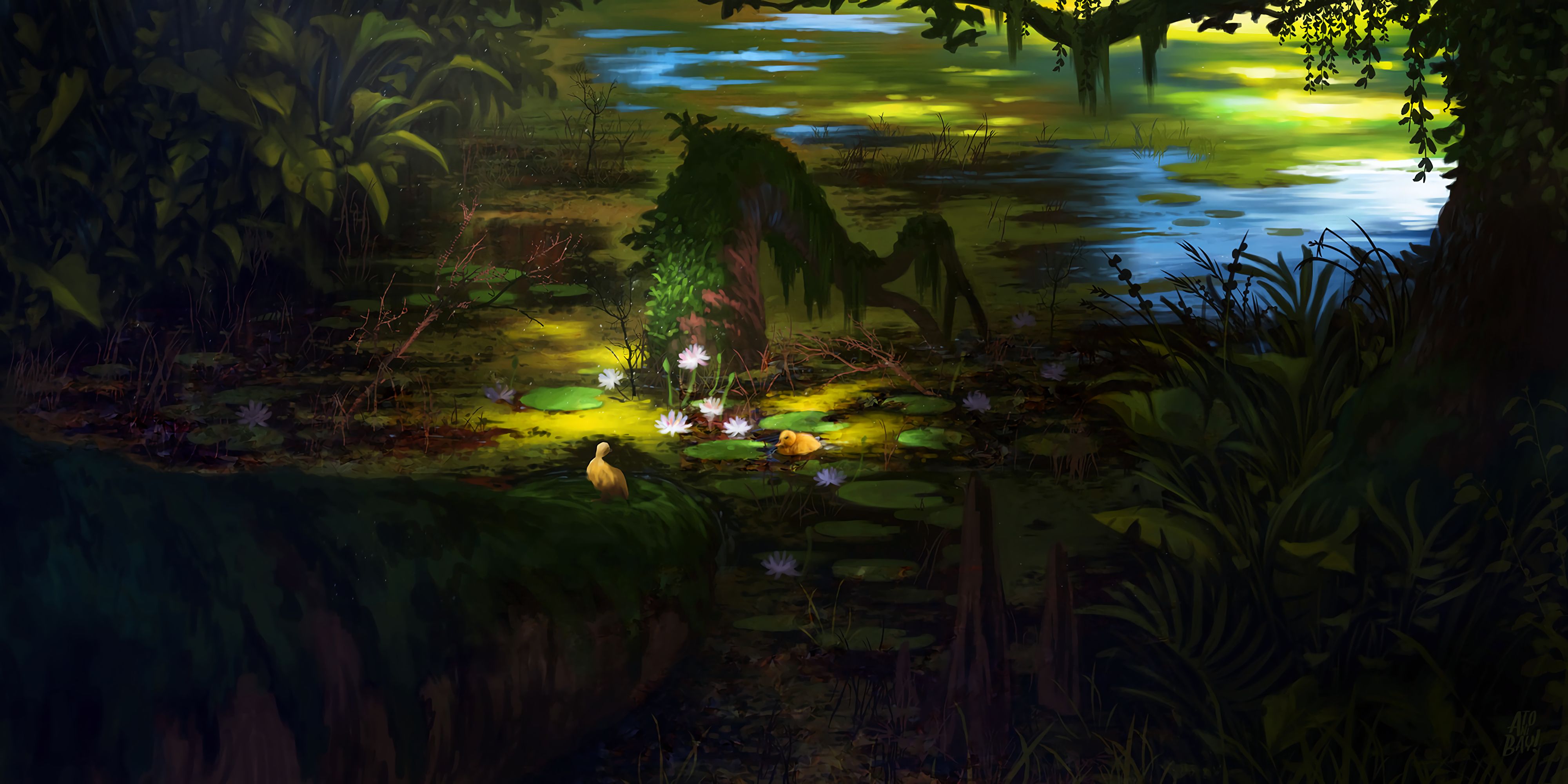 Download mobile wallpaper Swamp, Lotus, Art, Dark for free.
