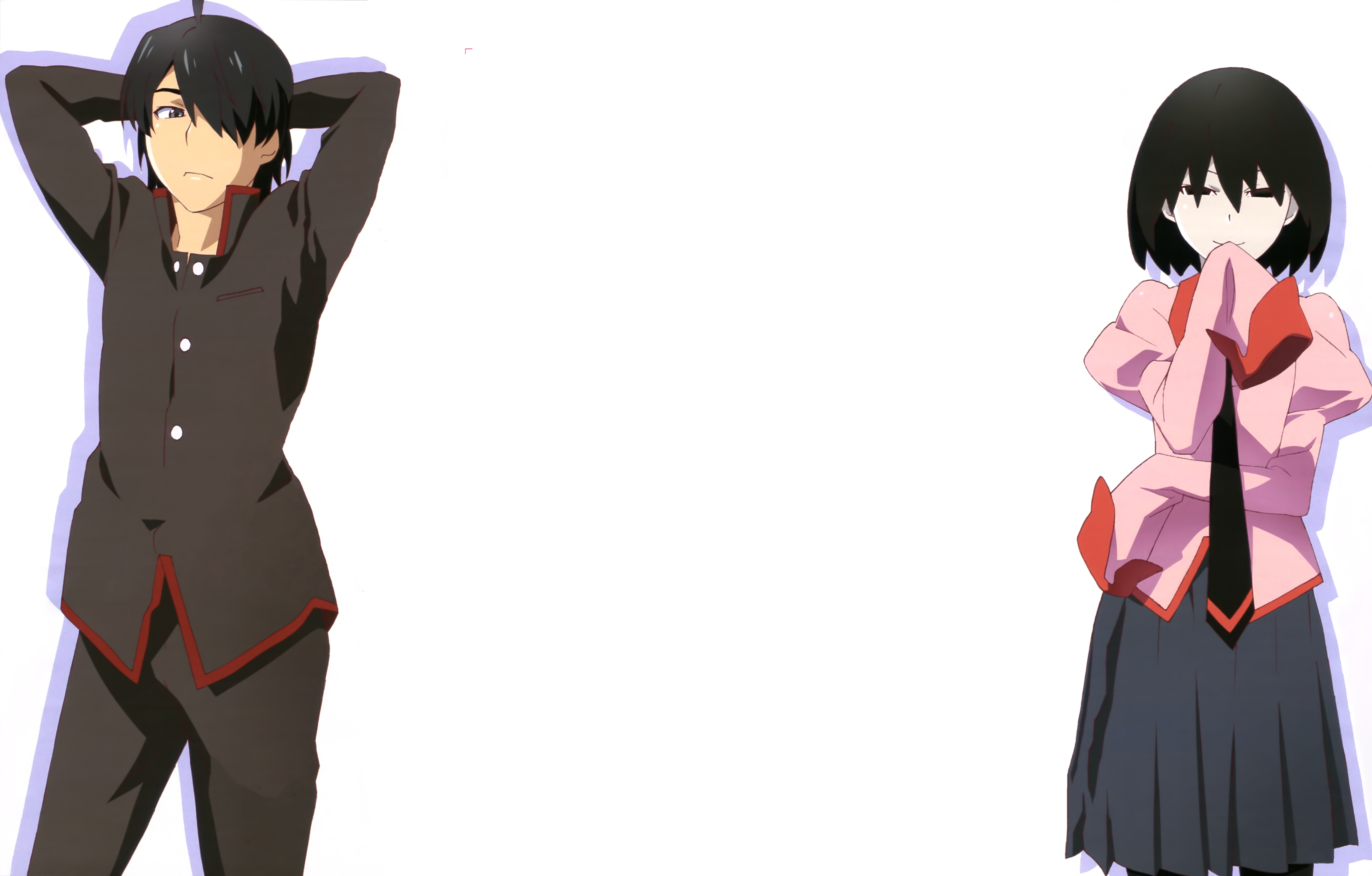 anime, monogatari (series), black hair, koyomi araragi, ougi oshino, short hair