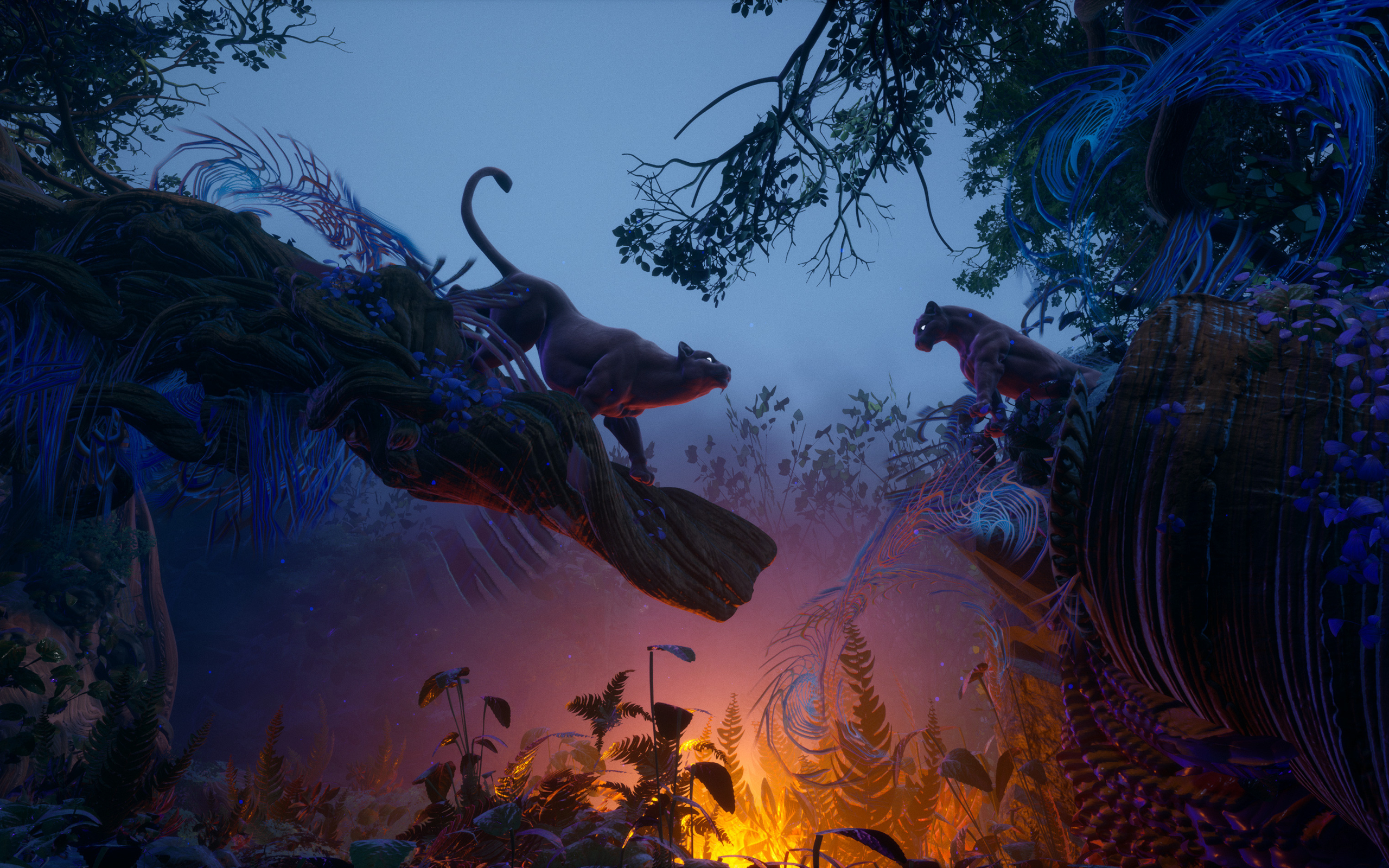 Laden Sie das Fantasie, Katze, Dschungel, Panther, Nacht, Fantasietiere-Bild kostenlos auf Ihren PC-Desktop herunter