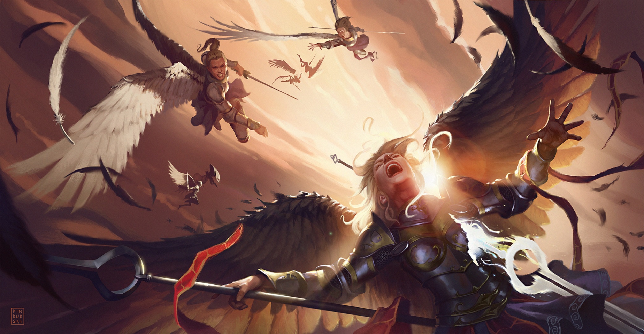 Download mobile wallpaper Fantasy, Wings, Armor, Spear, Woman Warrior, Angel Warrior for free.