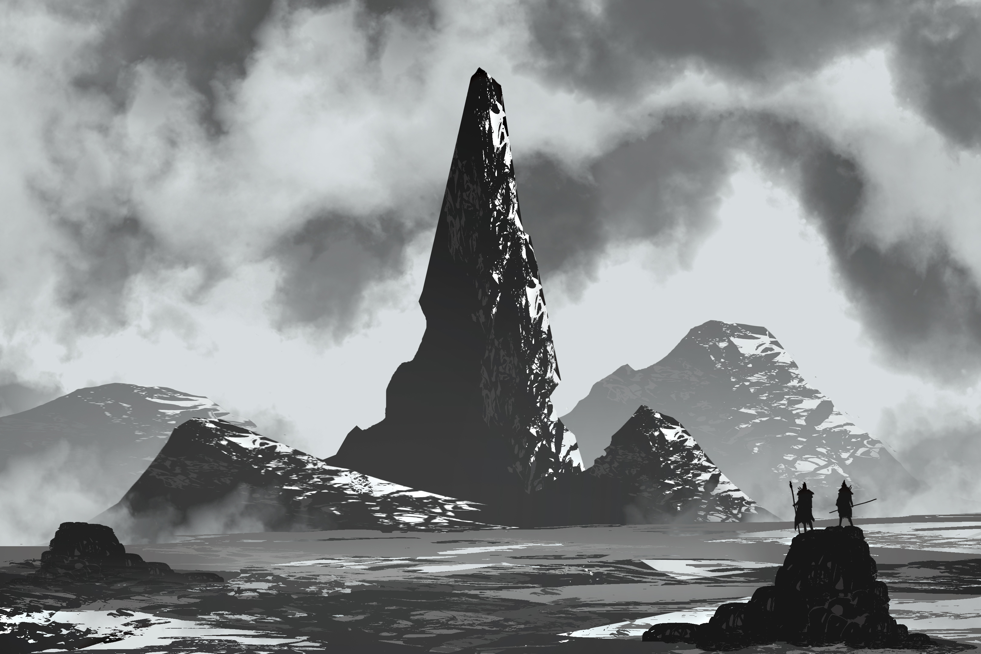 Download mobile wallpaper Landscape, Fantasy, Mountain, Monochrome, Warrior for free.