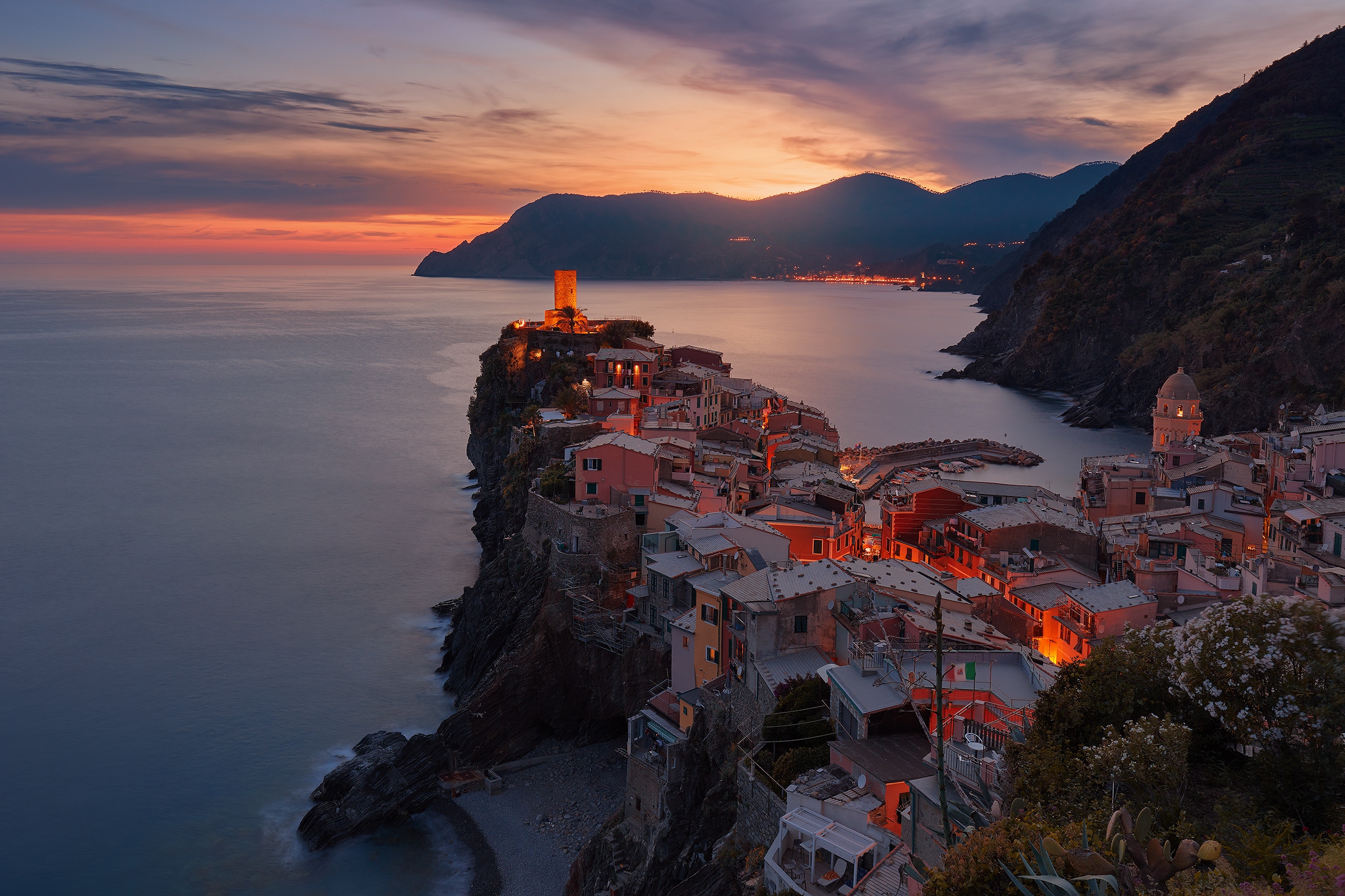 mountains, italy, cities, sunset, sea, buildings, vernazza HD wallpaper