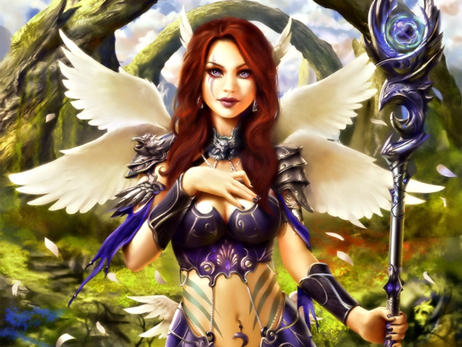 Laden Sie das Fantasie, Engel, Flügel, Lila Augen, Rote Haare, Engelskrieger-Bild kostenlos auf Ihren PC-Desktop herunter