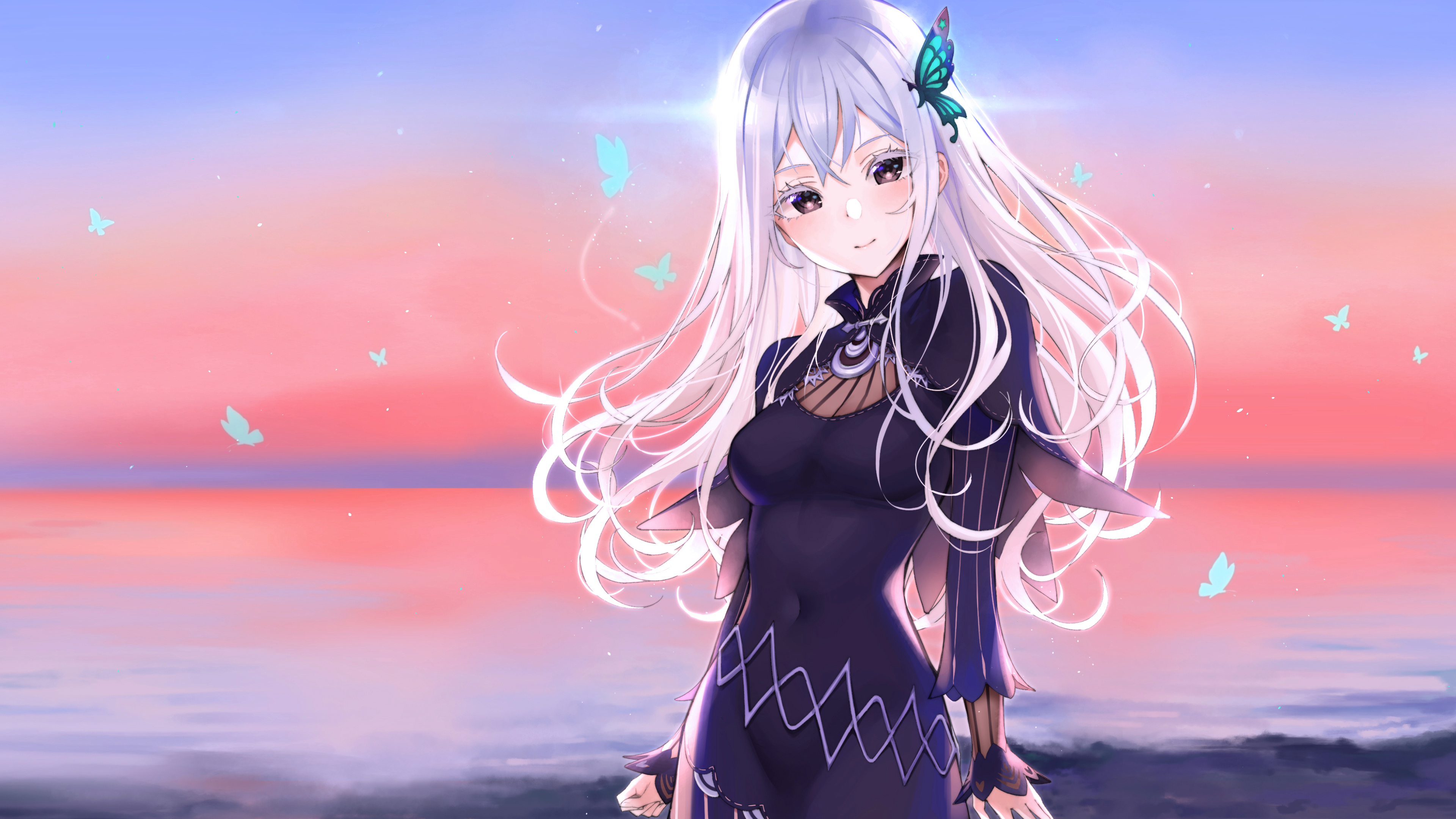 anime, re:zero starting life in another world, butterfly, echidna (re:zero), long hair, sunset, white hair