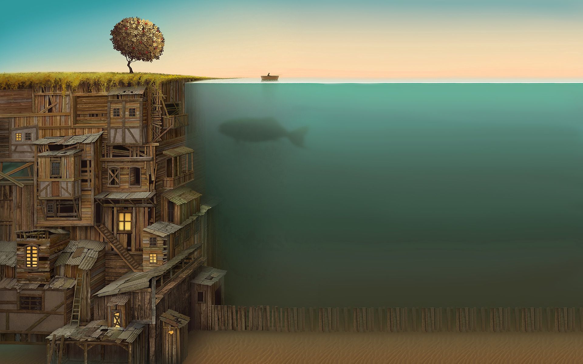 house, art, under water, wood, tree, multi storey, multistory, whale, underwater, improvisation, bottom