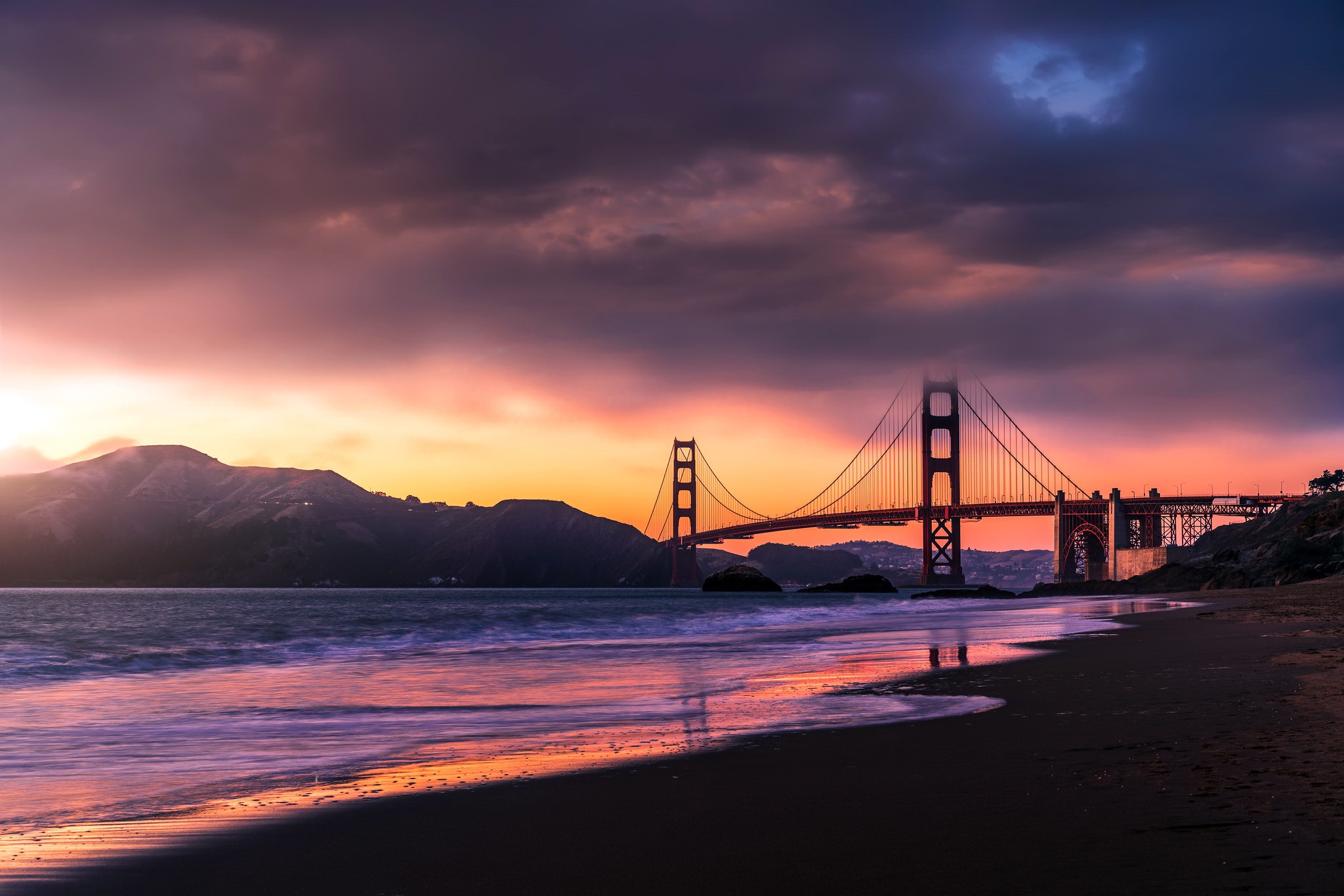 Download mobile wallpaper Bridges, Beach, Usa, Sunrise, Bridge, Golden Gate, Man Made for free.
