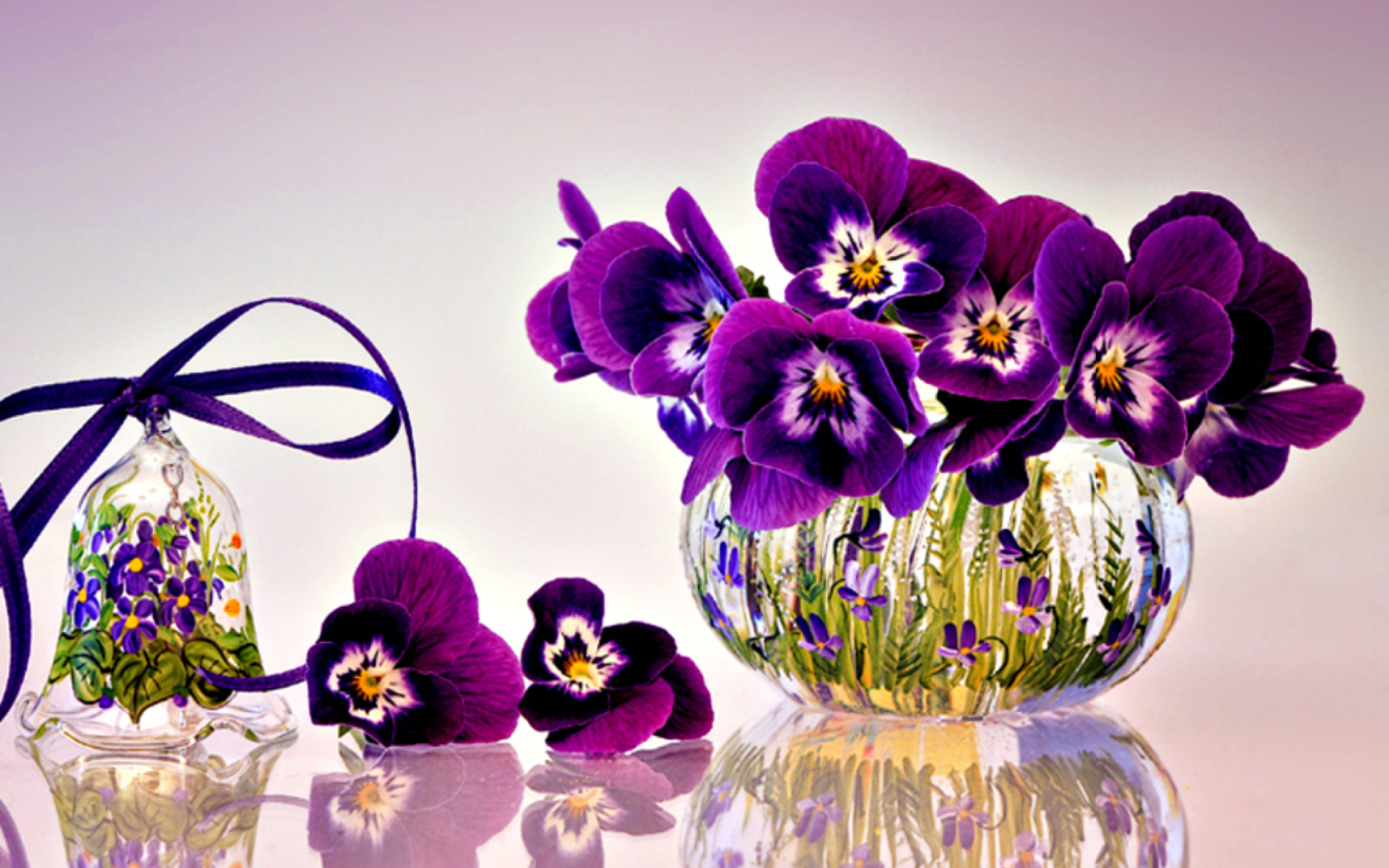 Download mobile wallpaper Still Life, Flower, Glass, Photography, Ribbon, Purple Flower, Pansy for free.