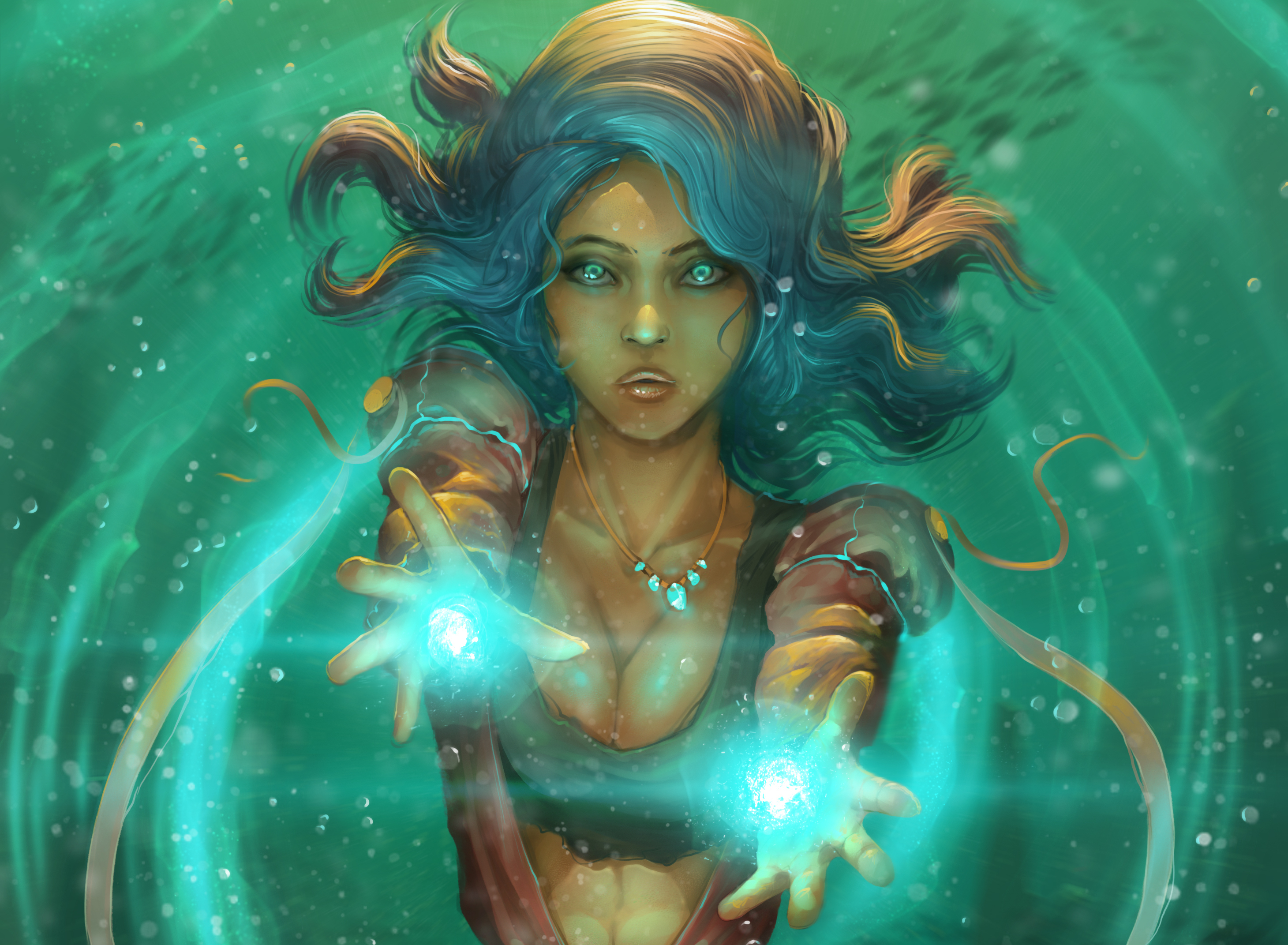 Free download wallpaper Magic, Fantasy, Underwater, Women, Blue Hair, Aqua Eyes on your PC desktop