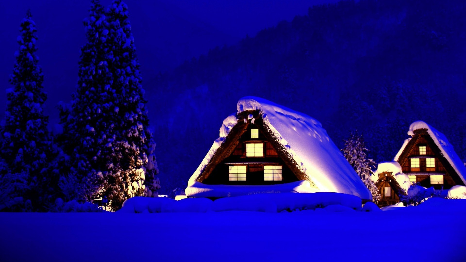 Download mobile wallpaper Winter, Night, Snow, Tree, House, Cabin, Man Made for free.