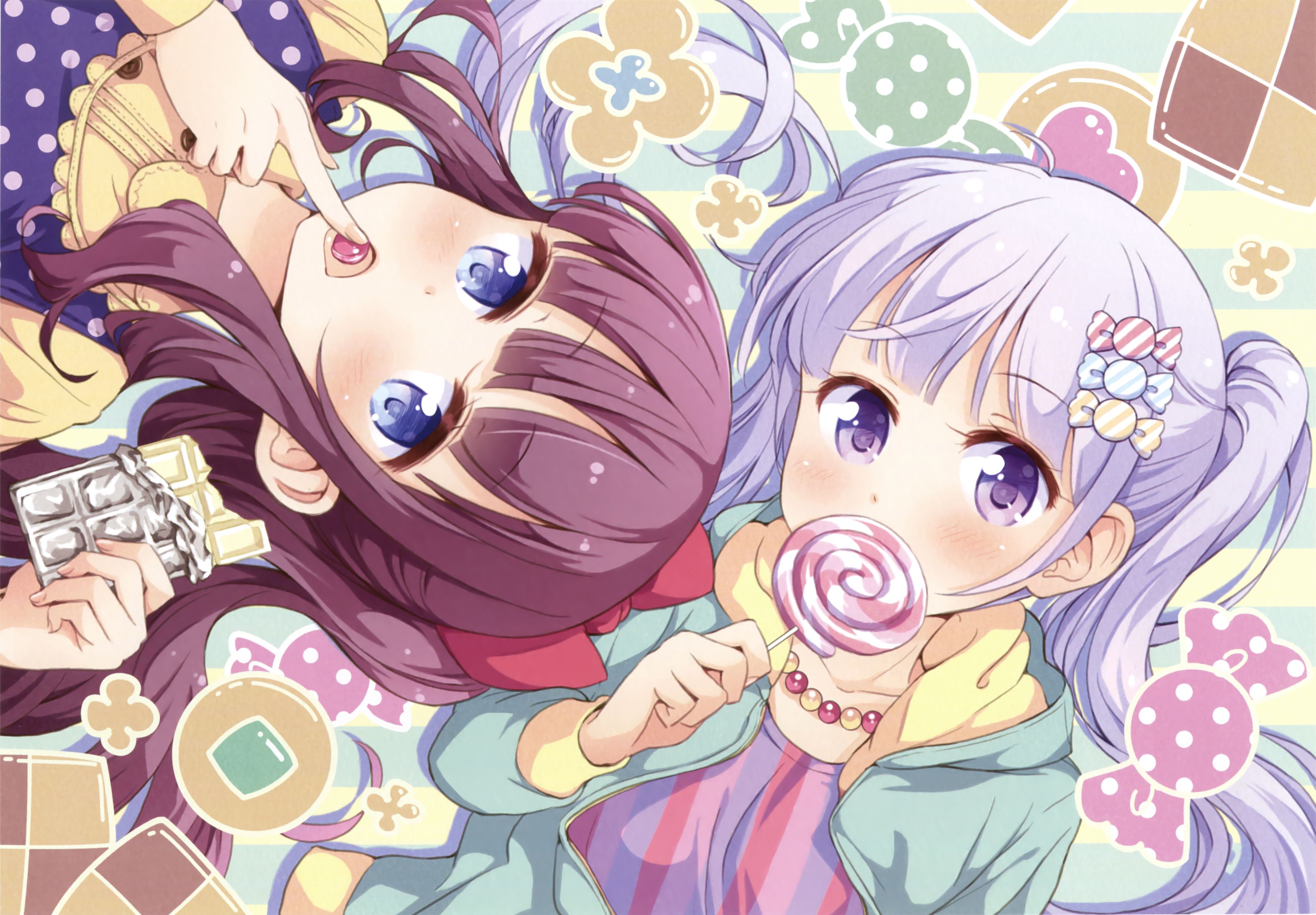 anime, new game!, aoba suzukaze, blue eyes, blush, hifumi takimoto, lollipop, purple eyes