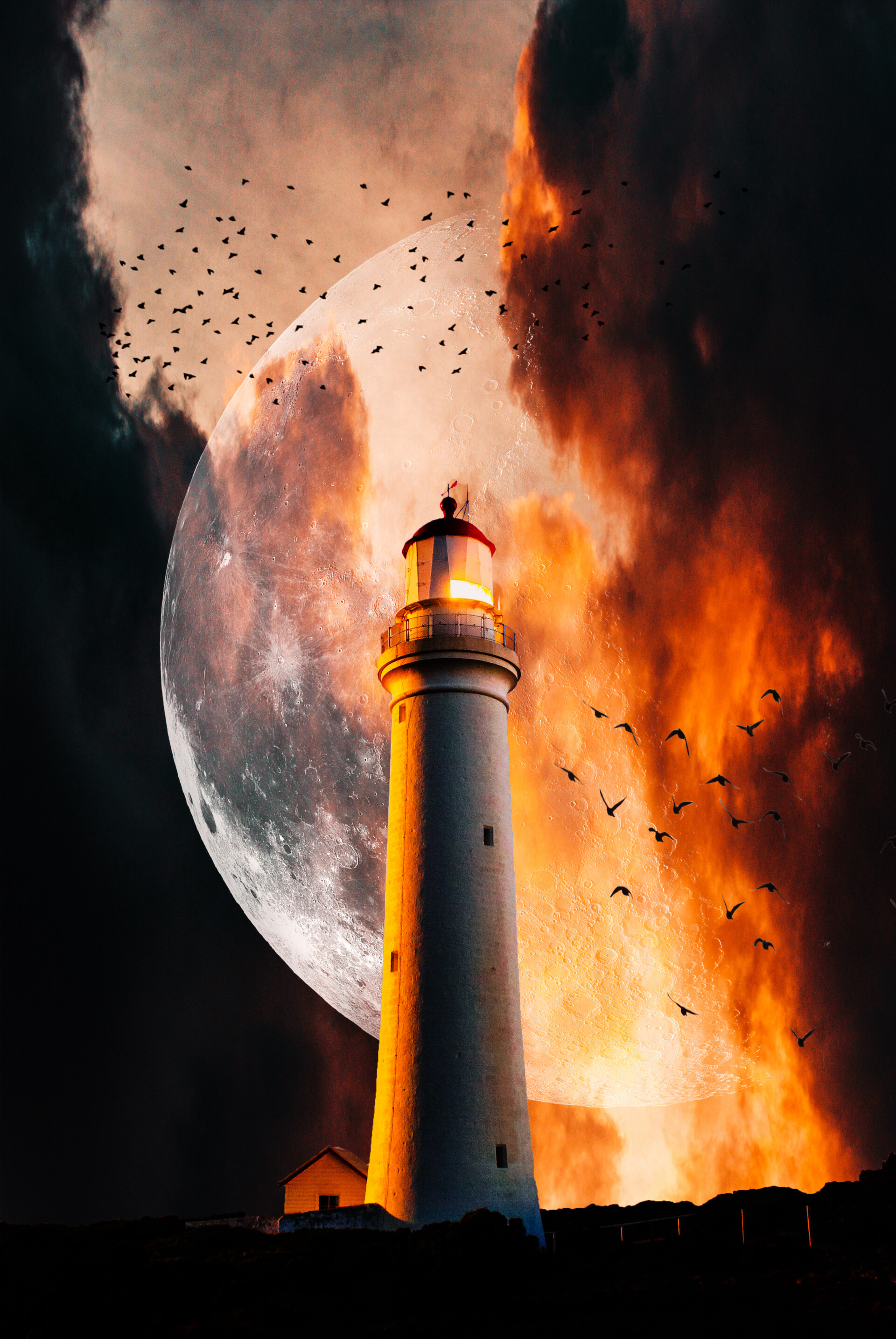 106702 скачать обои маяк, пламя, птицы, ночь, разное, дым, луна - заставки и картинки бесплатно