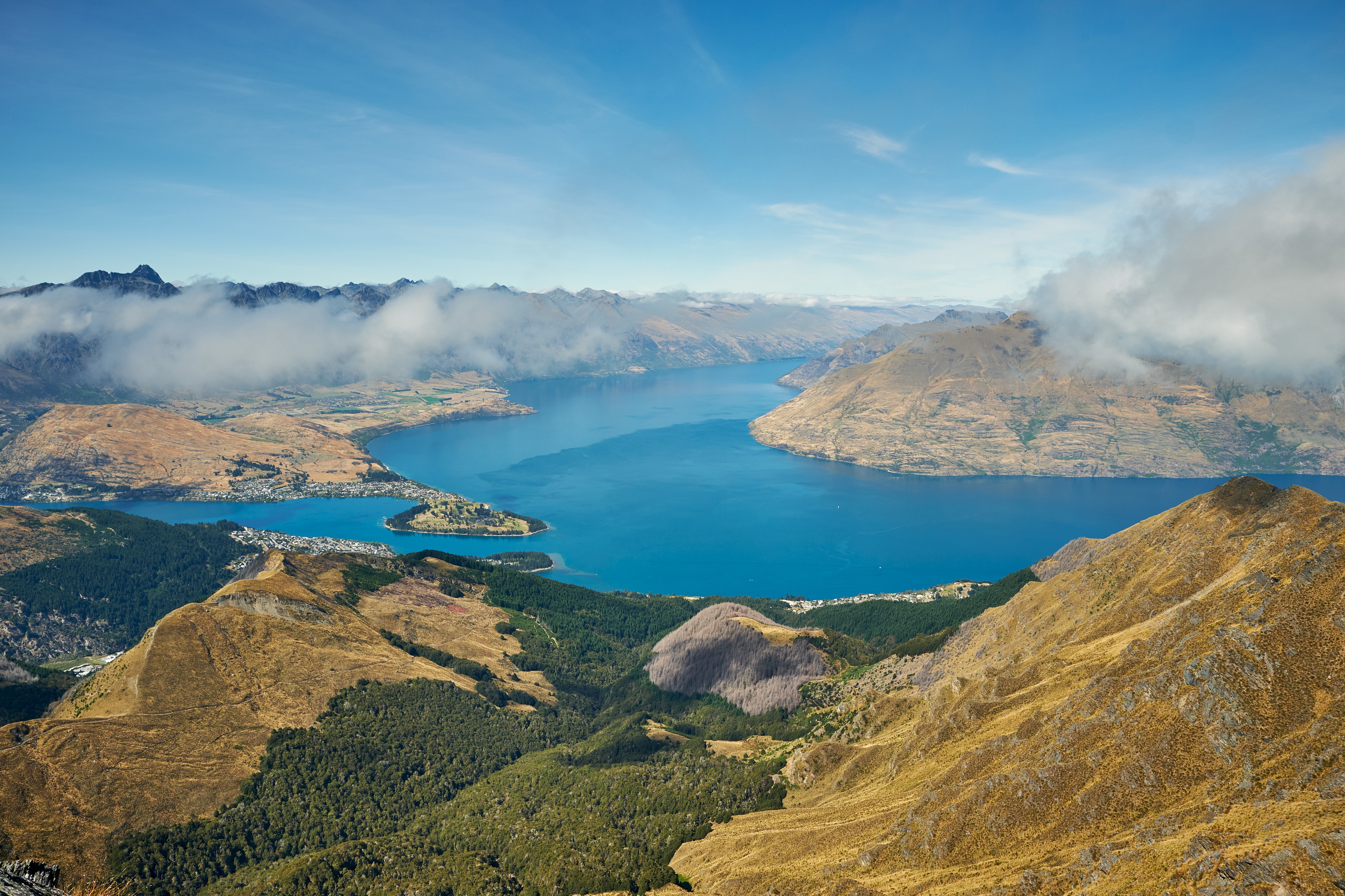 Скачать обои бесплатно Новая Зеландия, Вид Сверху, Природа, Облака, Озеро, Горы картинка на рабочий стол ПК