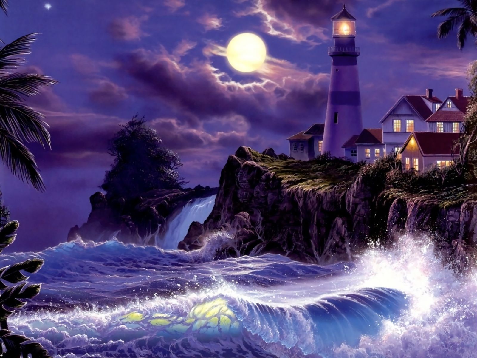 Download mobile wallpaper Sea, Night, Moon, Ocean, Lighthouse, Painting, Storm, Artistic, Wave for free.