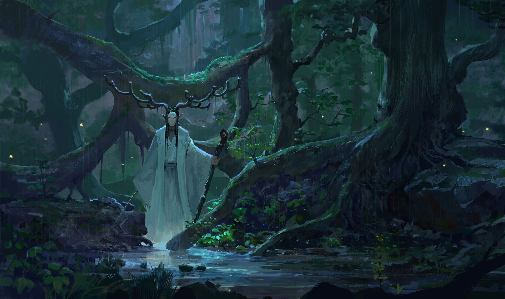 fantasy, druid, forest, horns, rain, sorcerer, sword