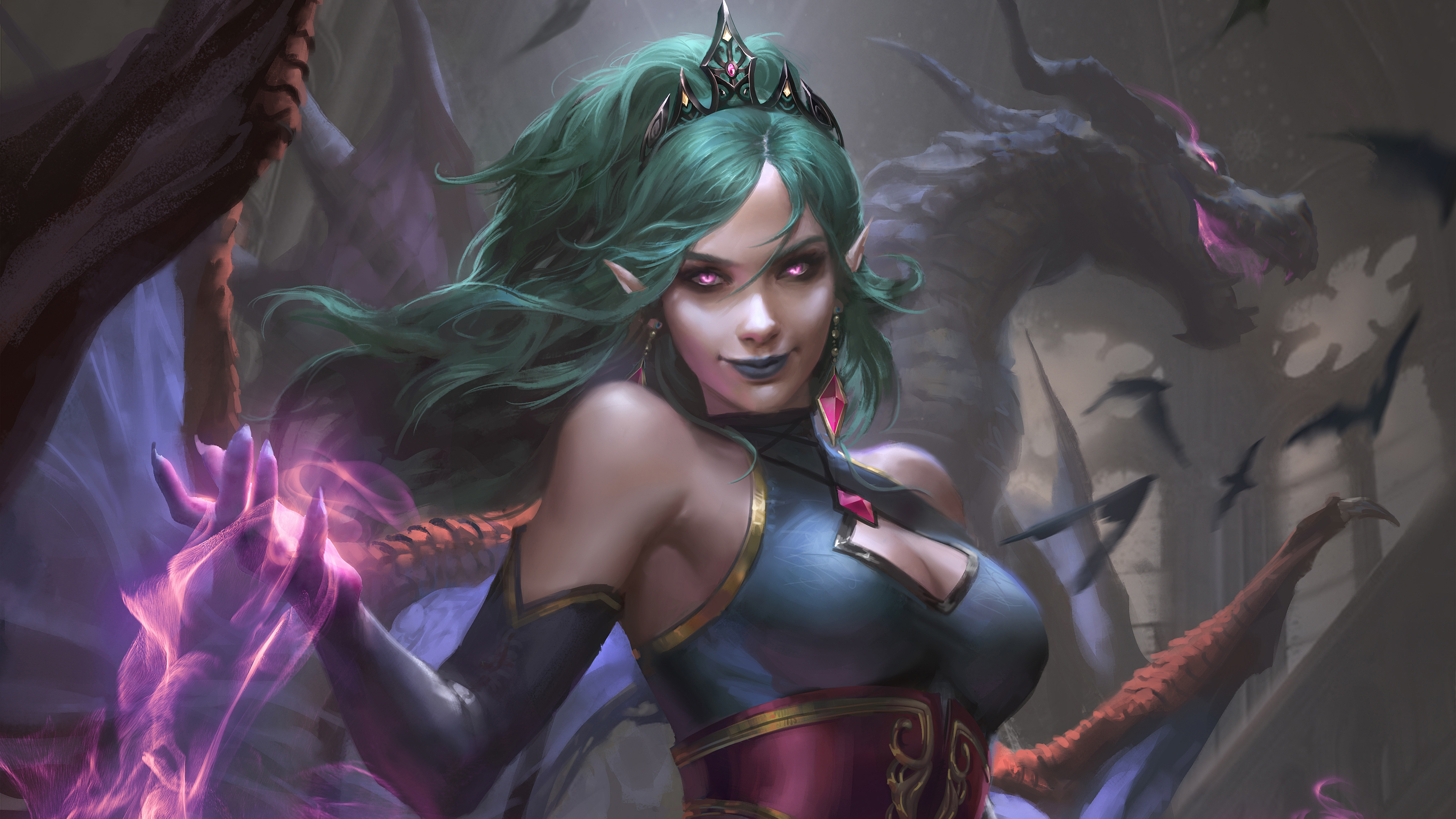 Free download wallpaper Magic, League Of Legends, Dragon, Green Hair, Video Game, Pink Eyes, Evelynn (League Of Legends) on your PC desktop