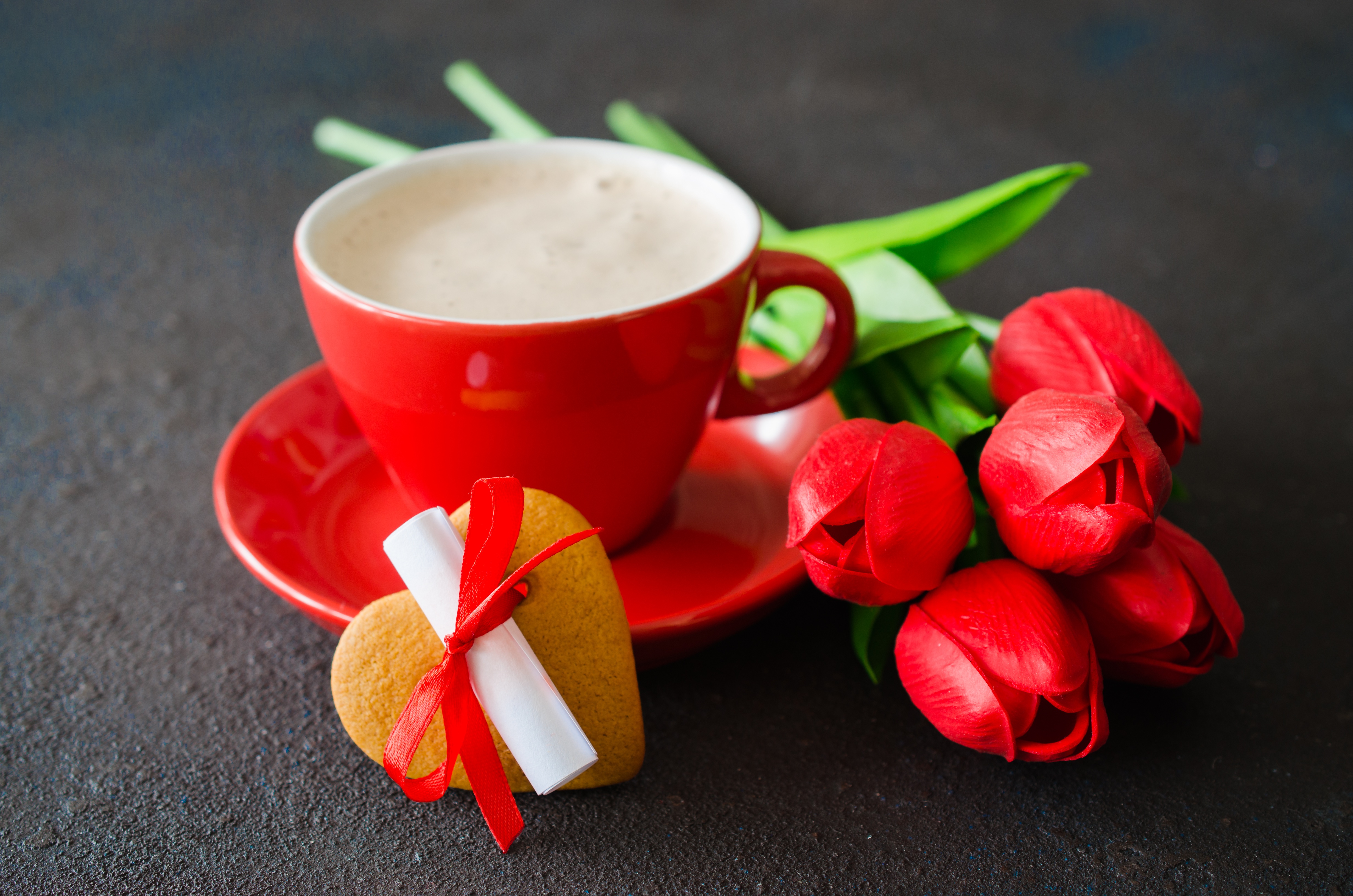 Download mobile wallpaper Food, Coffee, Flower, Cup, Drink, Tulip, Red Flower for free.