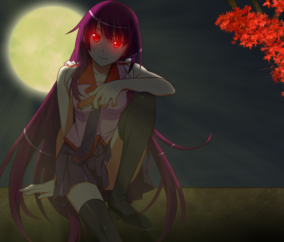 Baixe gratuitamente a imagem Anime, Olhos Vermelhos, Monogatari (Série), Cabelo Roxo, Hitagi Senjogahara, Bakemonogatari na área de trabalho do seu PC