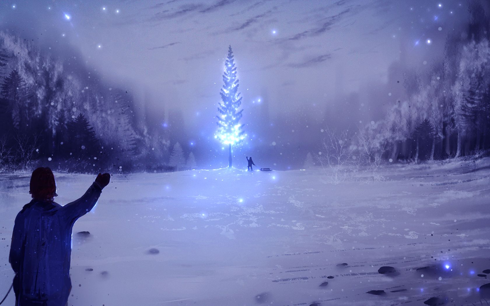 Download mobile wallpaper Anime, People, Winter, Night, Snow, Forest, Christmas Tree, Original for free.