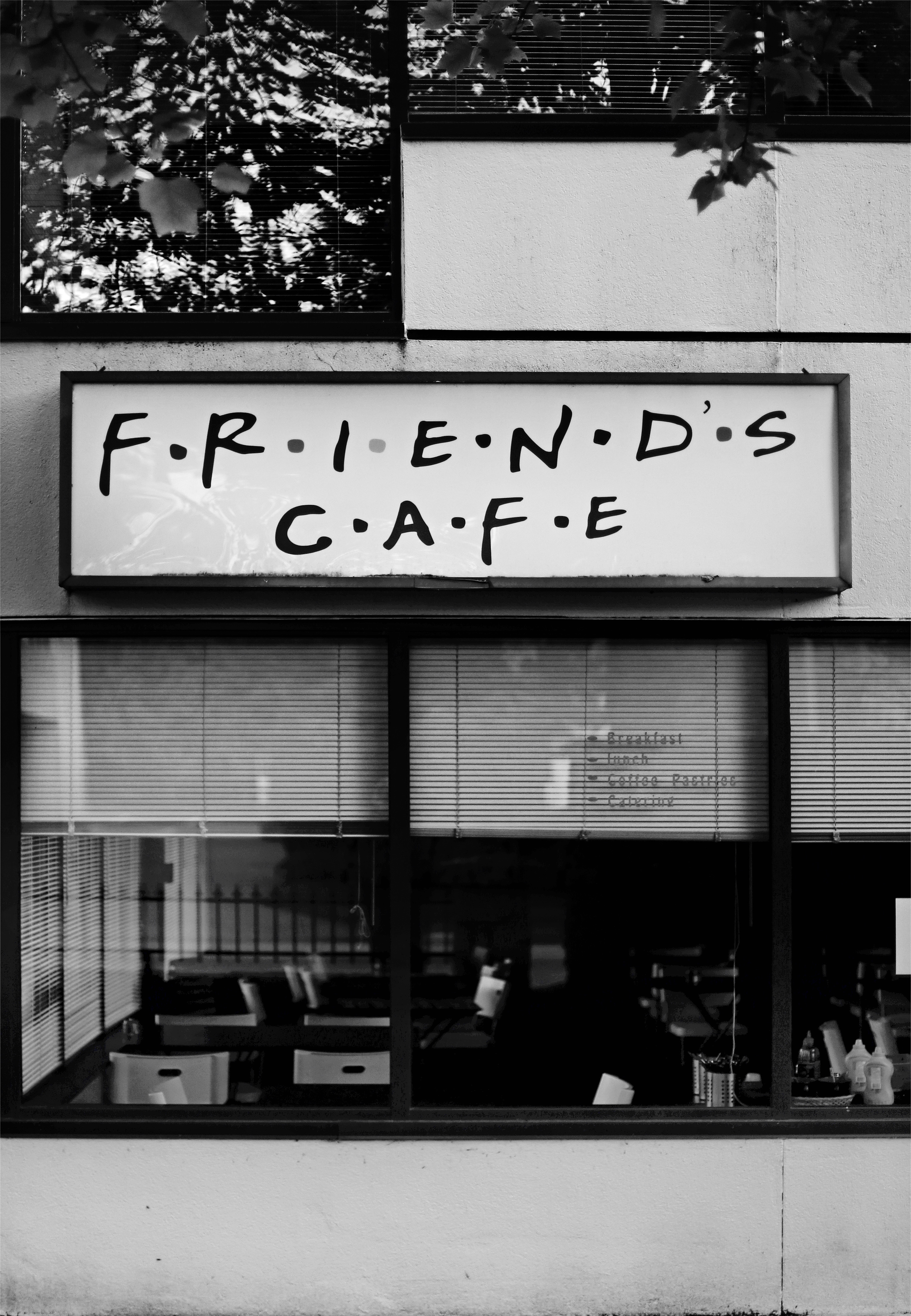 Download mobile wallpaper Cafe, Chb, Café, Bw, Signboard, Sign, Words, Friends for free.