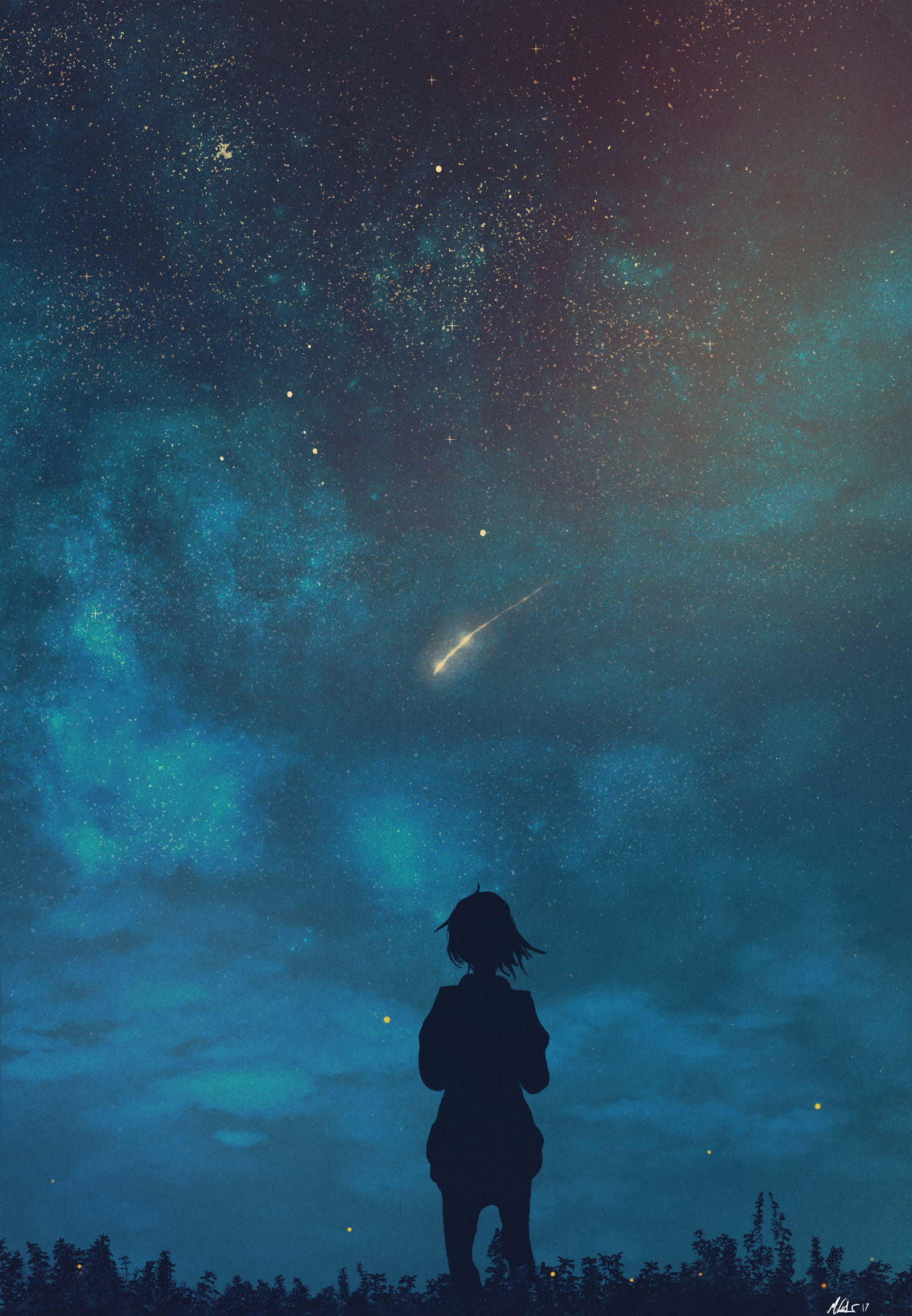 loneliness, dark, night, silhouette, starry sky, child wallpaper for mobile