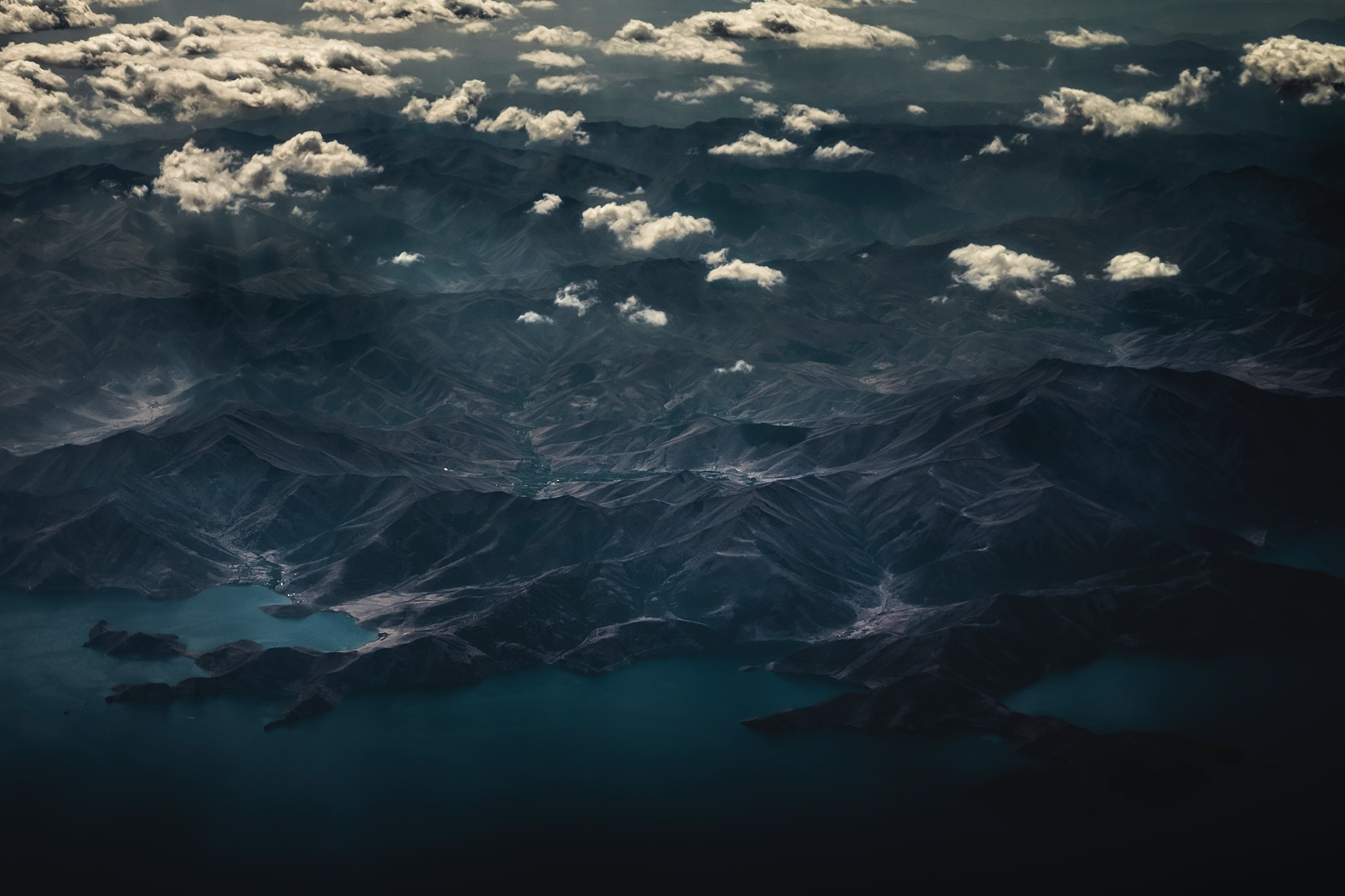 Free download wallpaper Nature, Mountains, Clouds, Lake, View From Above, Dark on your PC desktop
