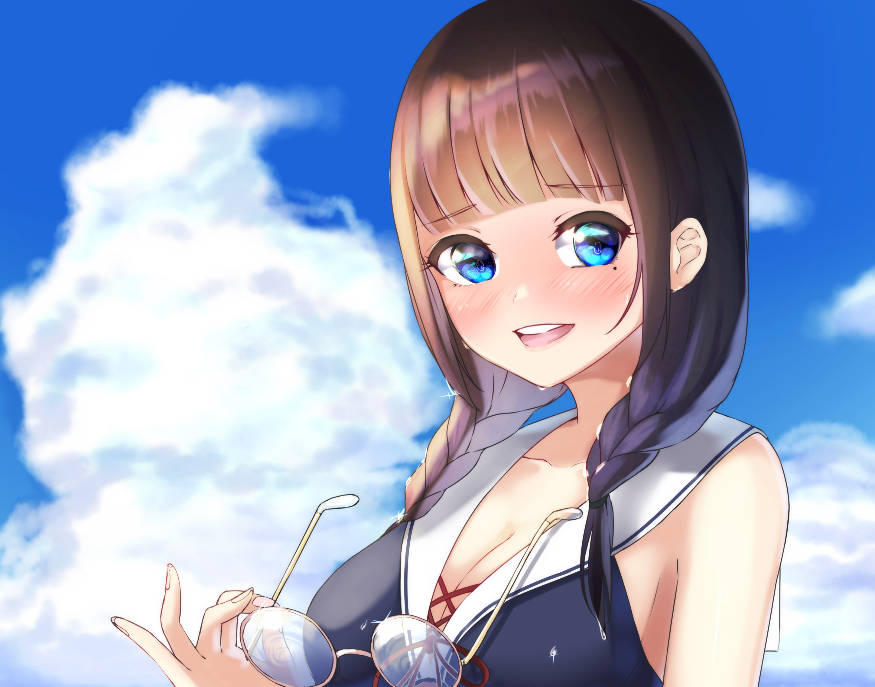 Download mobile wallpaper Anime, Sky, Cloud, Glasses, Blue Eyes, Original for free.