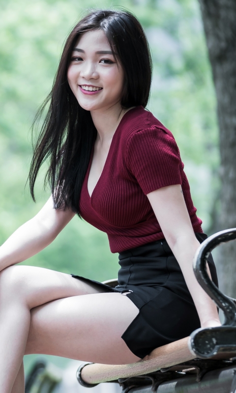 Download mobile wallpaper Smile, Bench, Model, Skirt, Women, Asian, Black Hair for free.