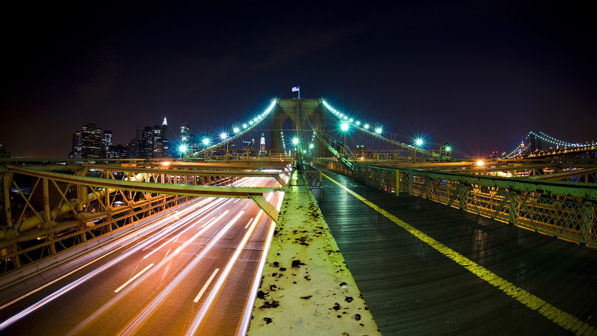 Download mobile wallpaper Night, City, Light, Bridge, New York, Brooklyn Bridge, Man Made, Time Lapse for free.