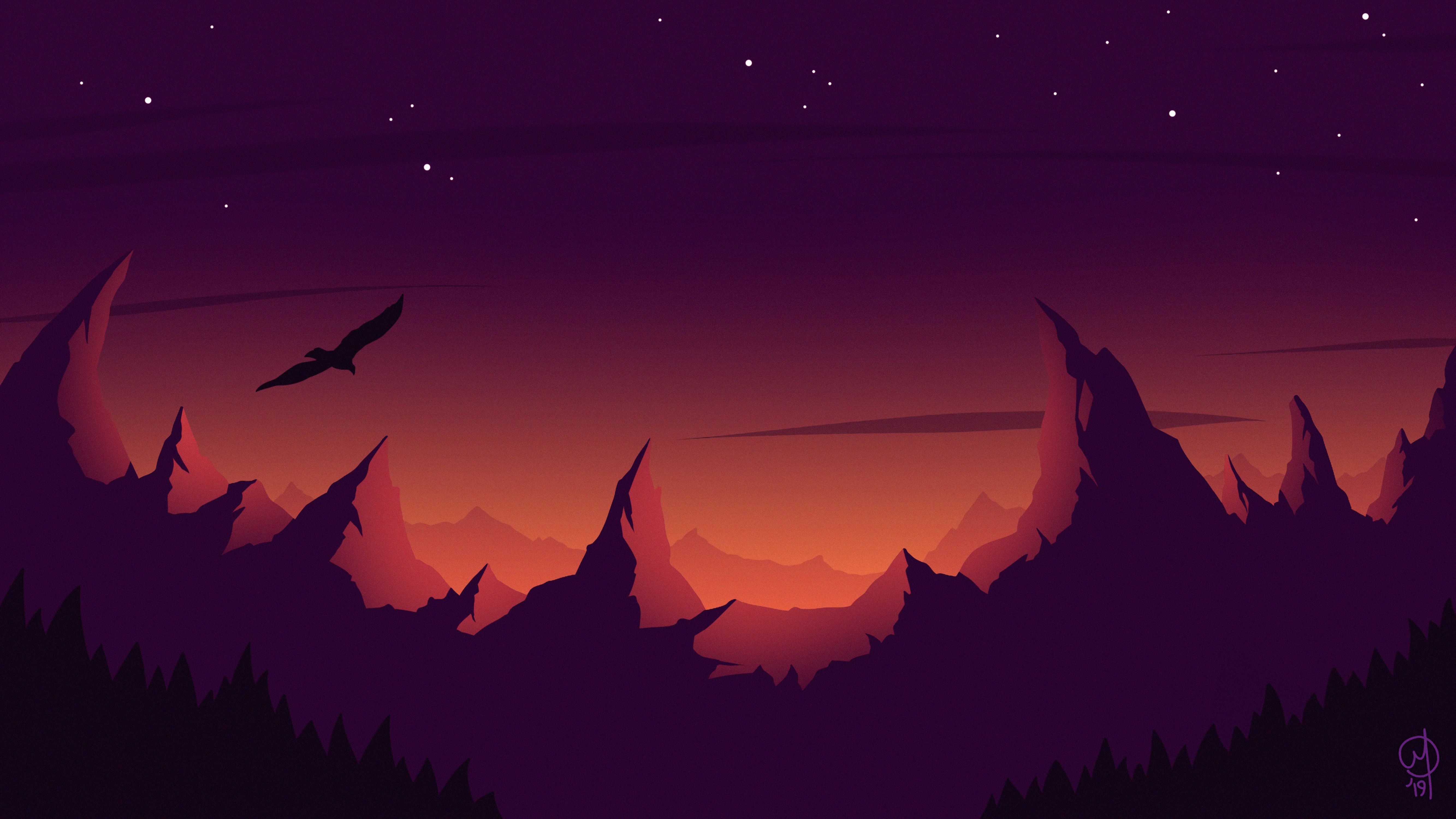 vector, sky, art, mountains, silhouette, bird Desktop home screen Wallpaper