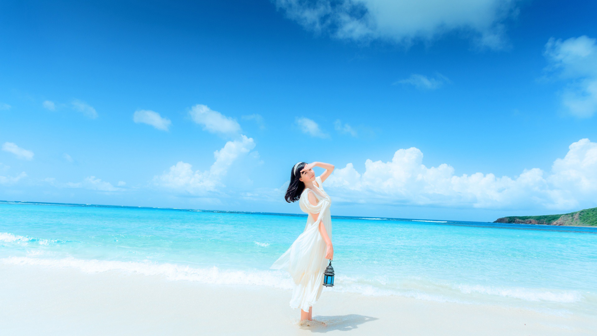 Laden Sie das Strand, Horizont, Ozean, Tropisch, Brünette, Frauen, Asiatinnen, Weißes Kleid-Bild kostenlos auf Ihren PC-Desktop herunter