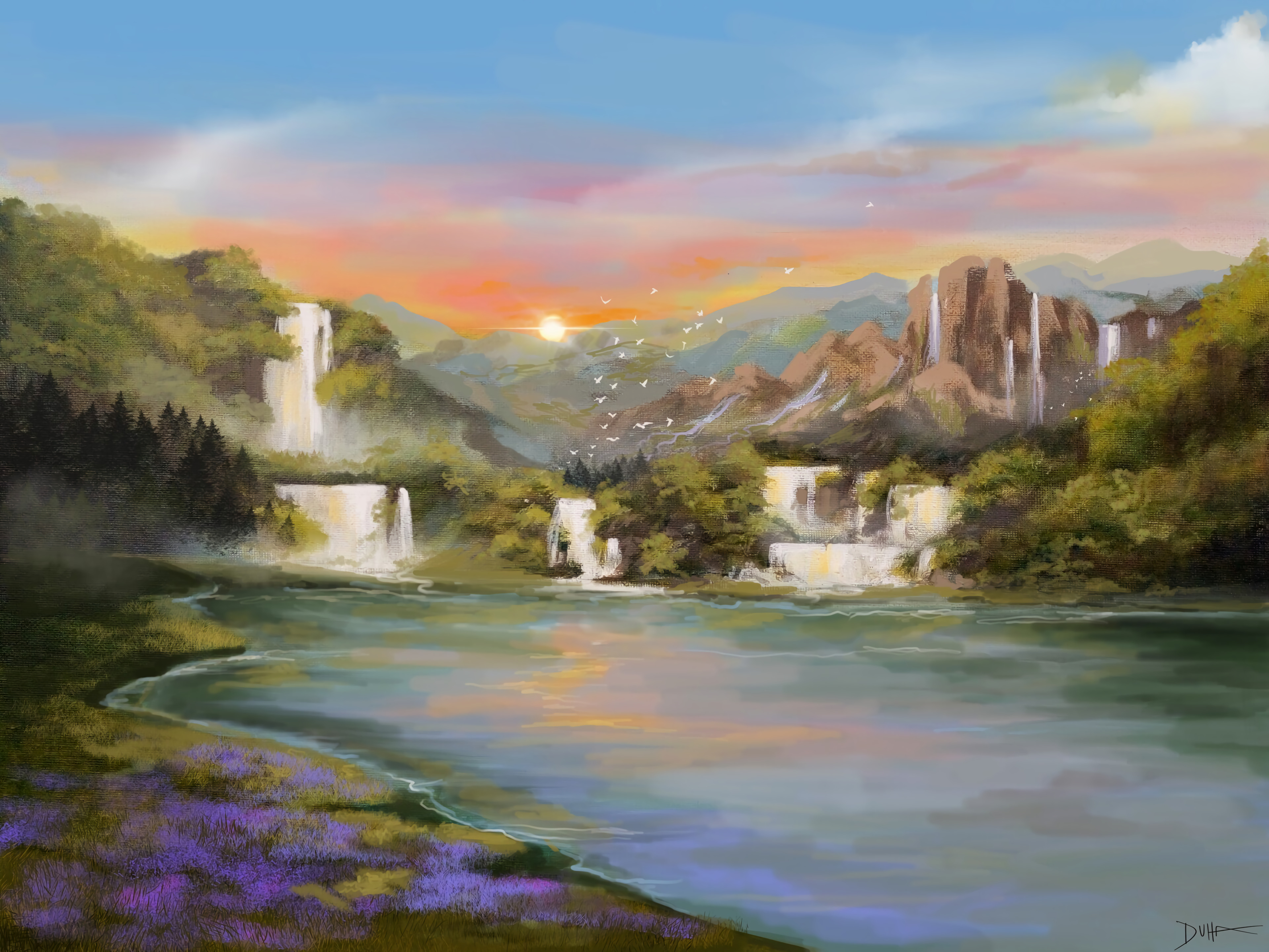Laden Sie das Sunset, Kunst, Landschaft, Flüsse, Vögel, Wasserfall-Bild kostenlos auf Ihren PC-Desktop herunter
