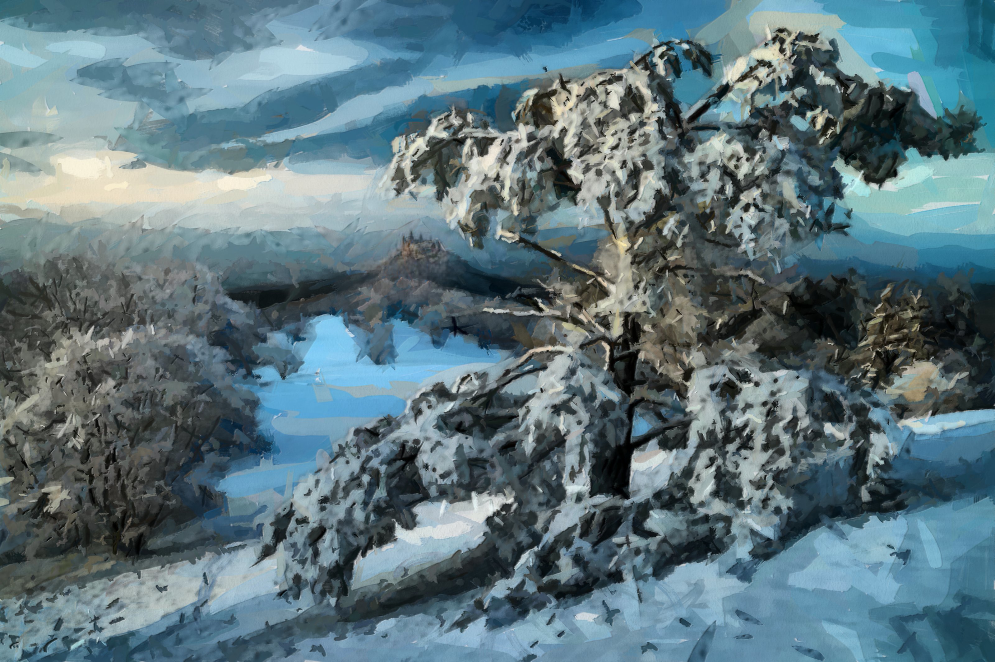 Download mobile wallpaper Winter, Nature, Snow, Tree, Painting, Artistic for free.