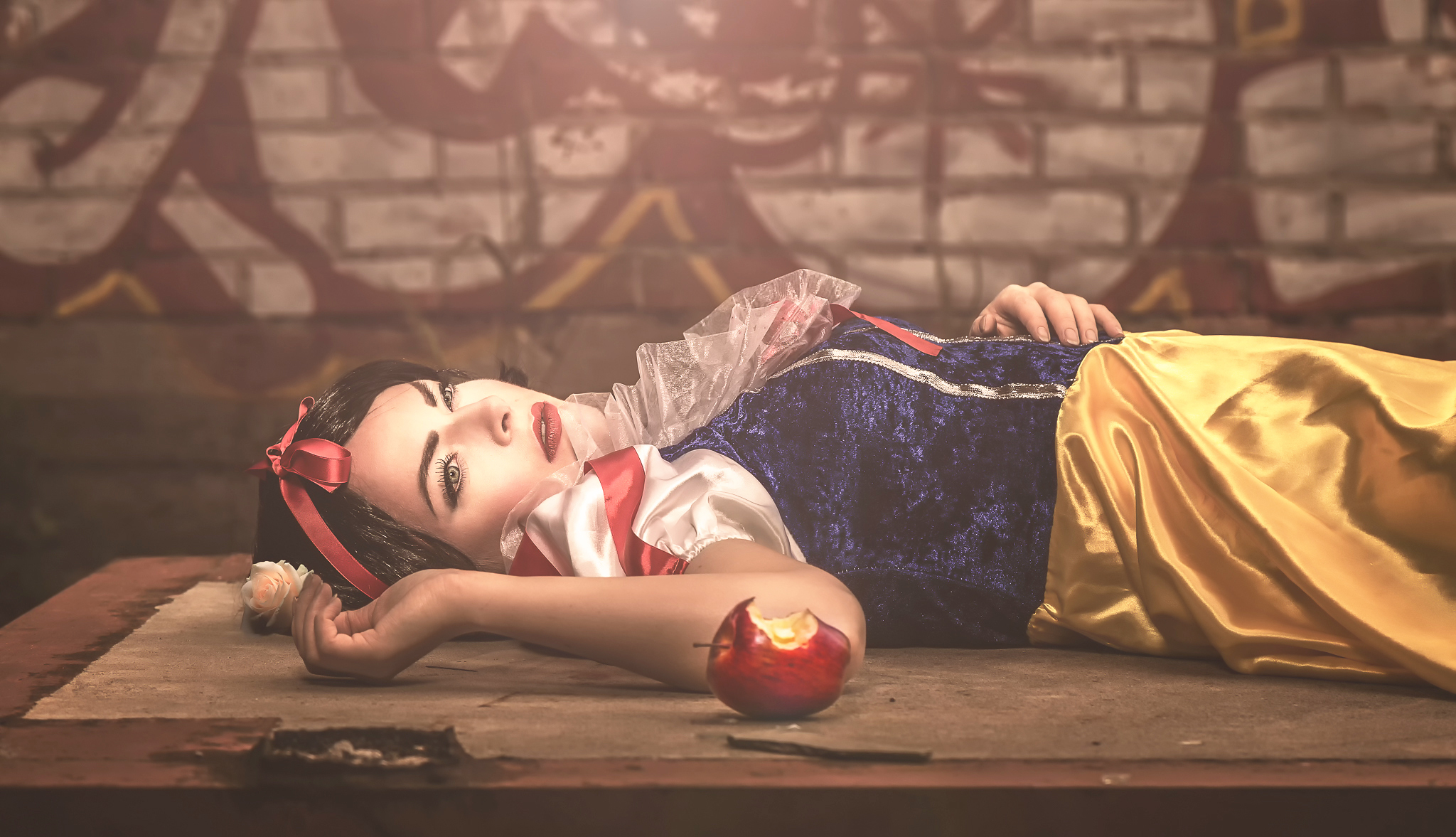 Download mobile wallpaper Snow White, Brunette, Women, Cosplay, Lying Down for free.