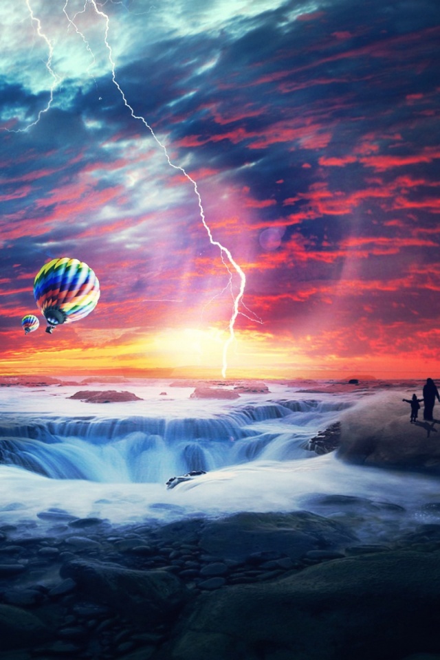 Download mobile wallpaper Landscape, People, Fantasy, Sky, Storm, Hot Air Balloon for free.