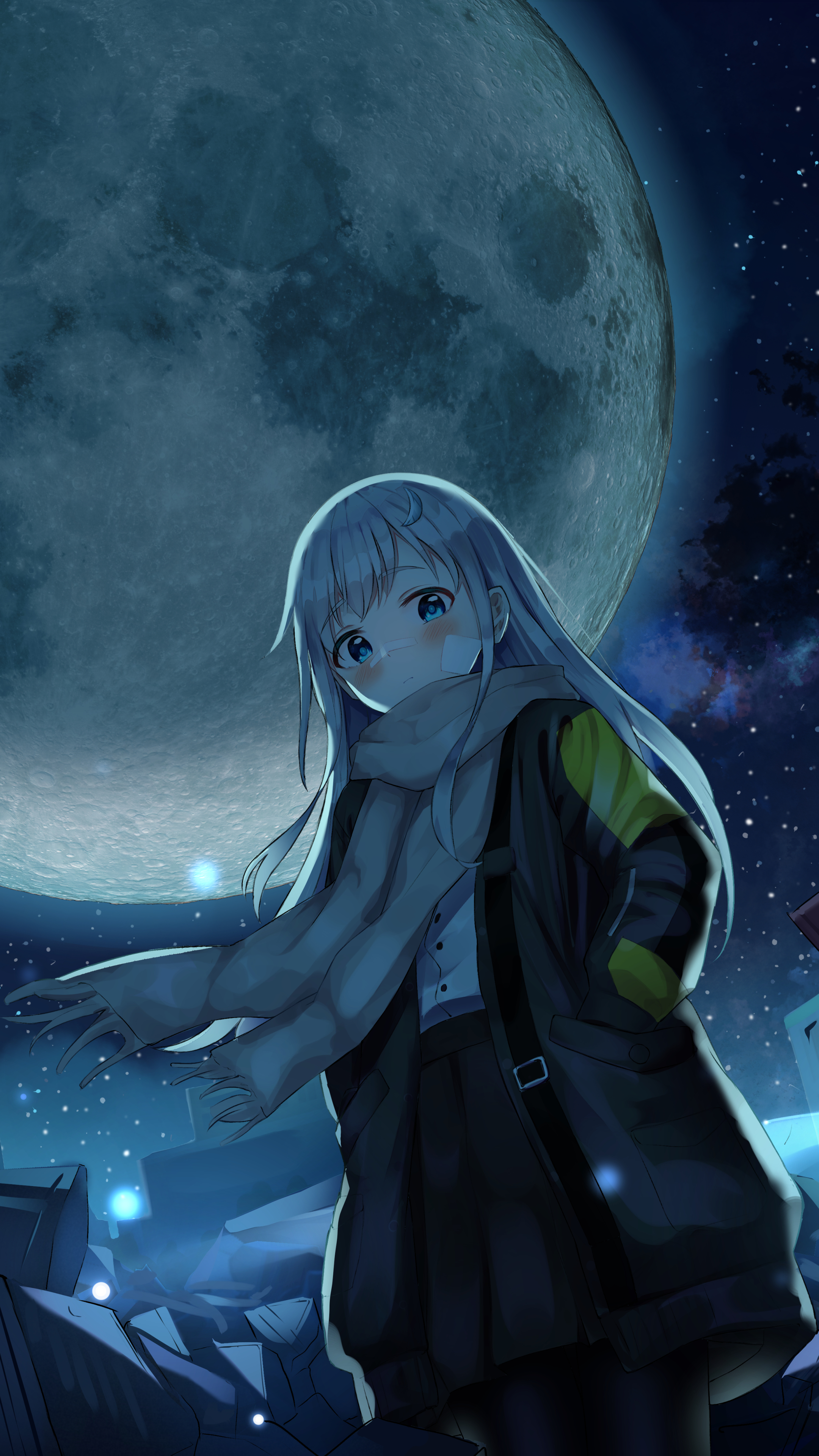 Download mobile wallpaper Anime, Night, Moon, Scarf, Blue Eyes, Original, White Hair for free.