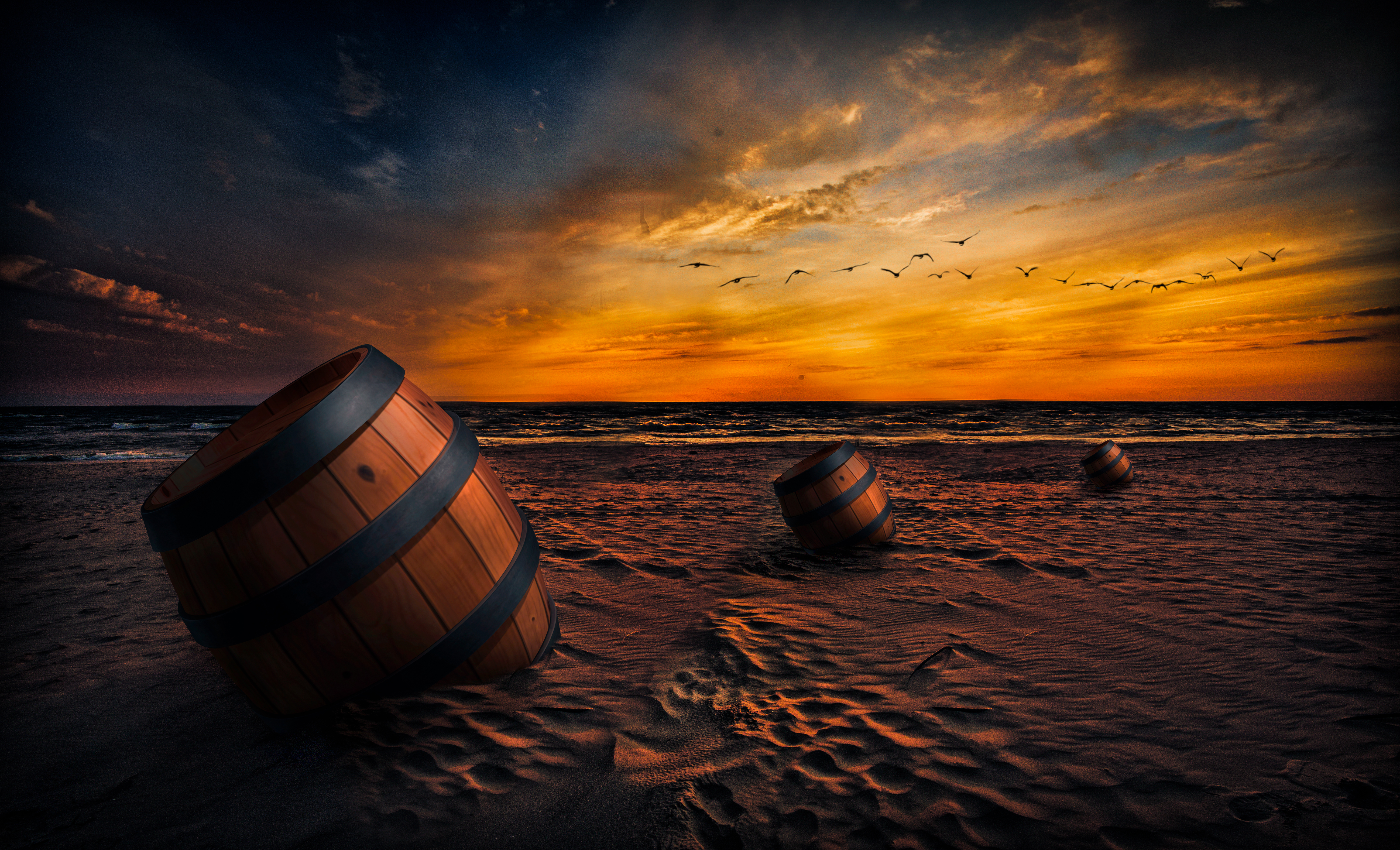 sand, barrel, horizon, artistic, beach, bird, manipulation, sky, sunset