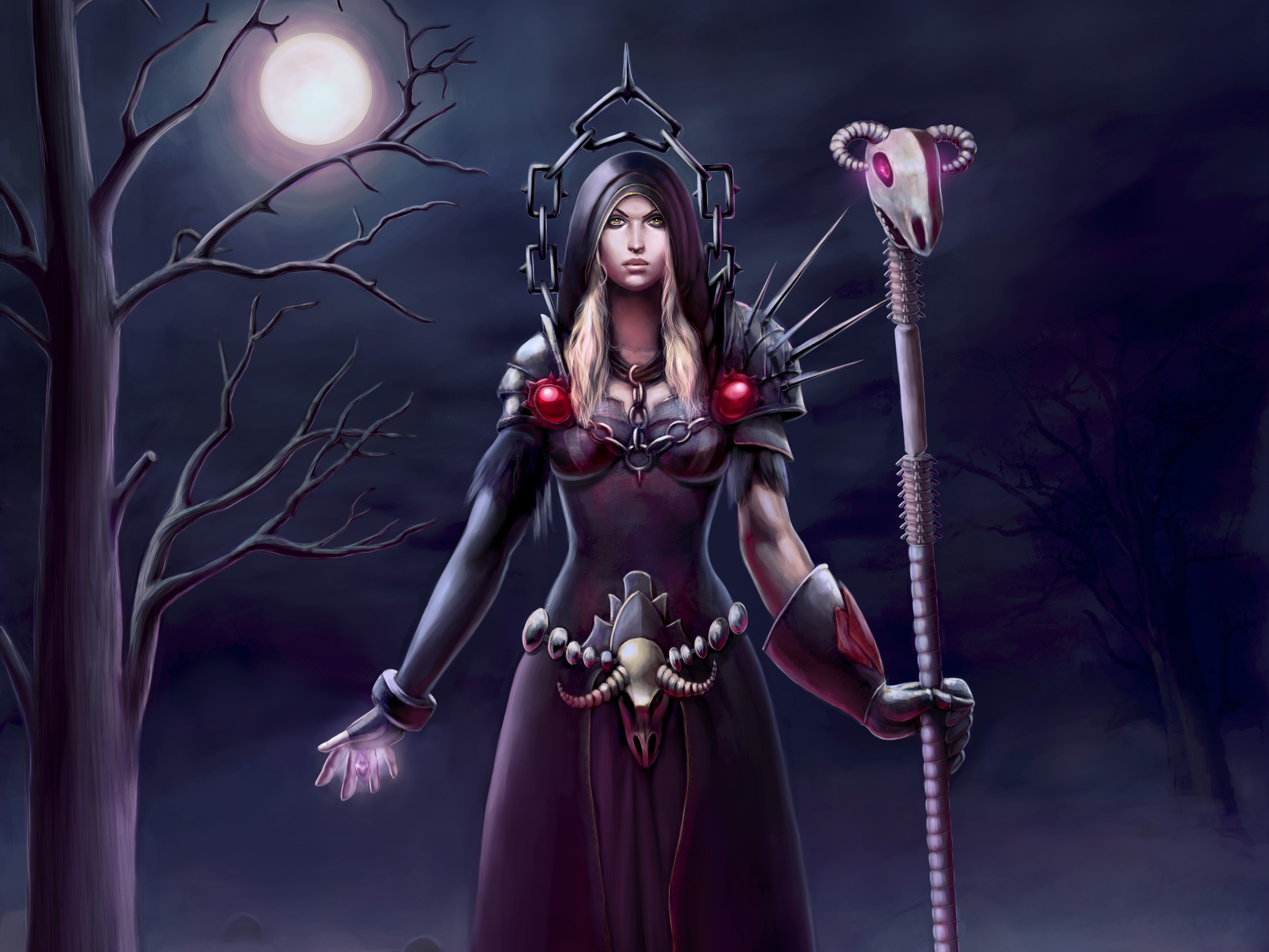 Free download wallpaper Fantasy, Night, Warrior, Staff, Witch on your PC desktop