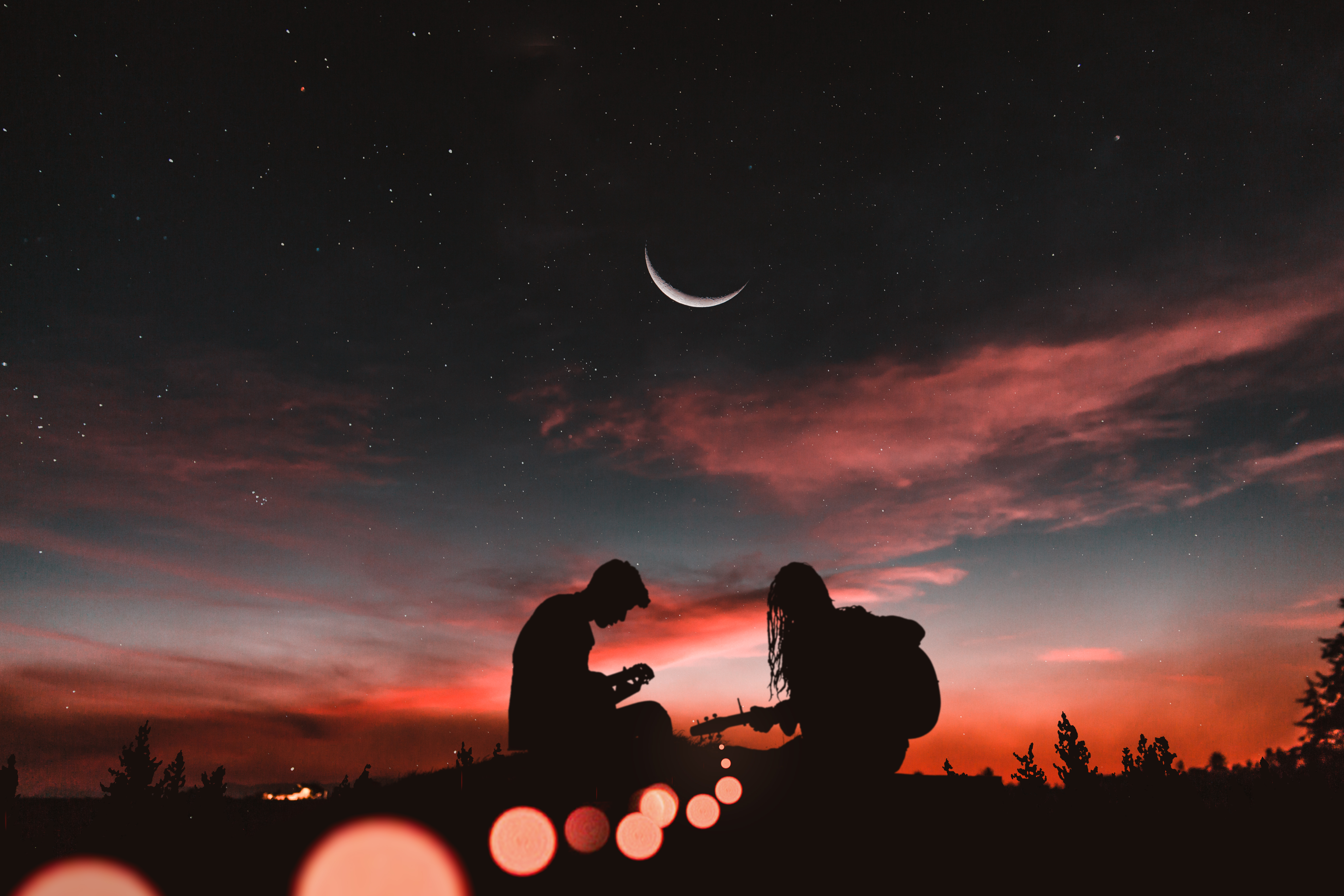 guitar, couple, romance, pair, dark, sunset, silhouettes, starry sky