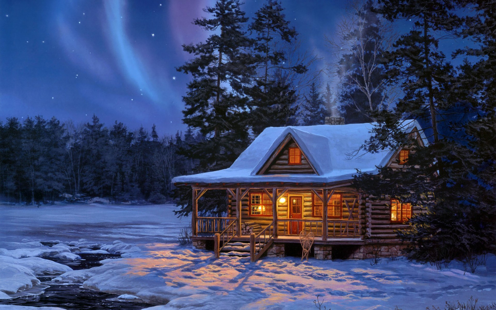 winter, artistic, cabin, dusk, snow, stars, tree