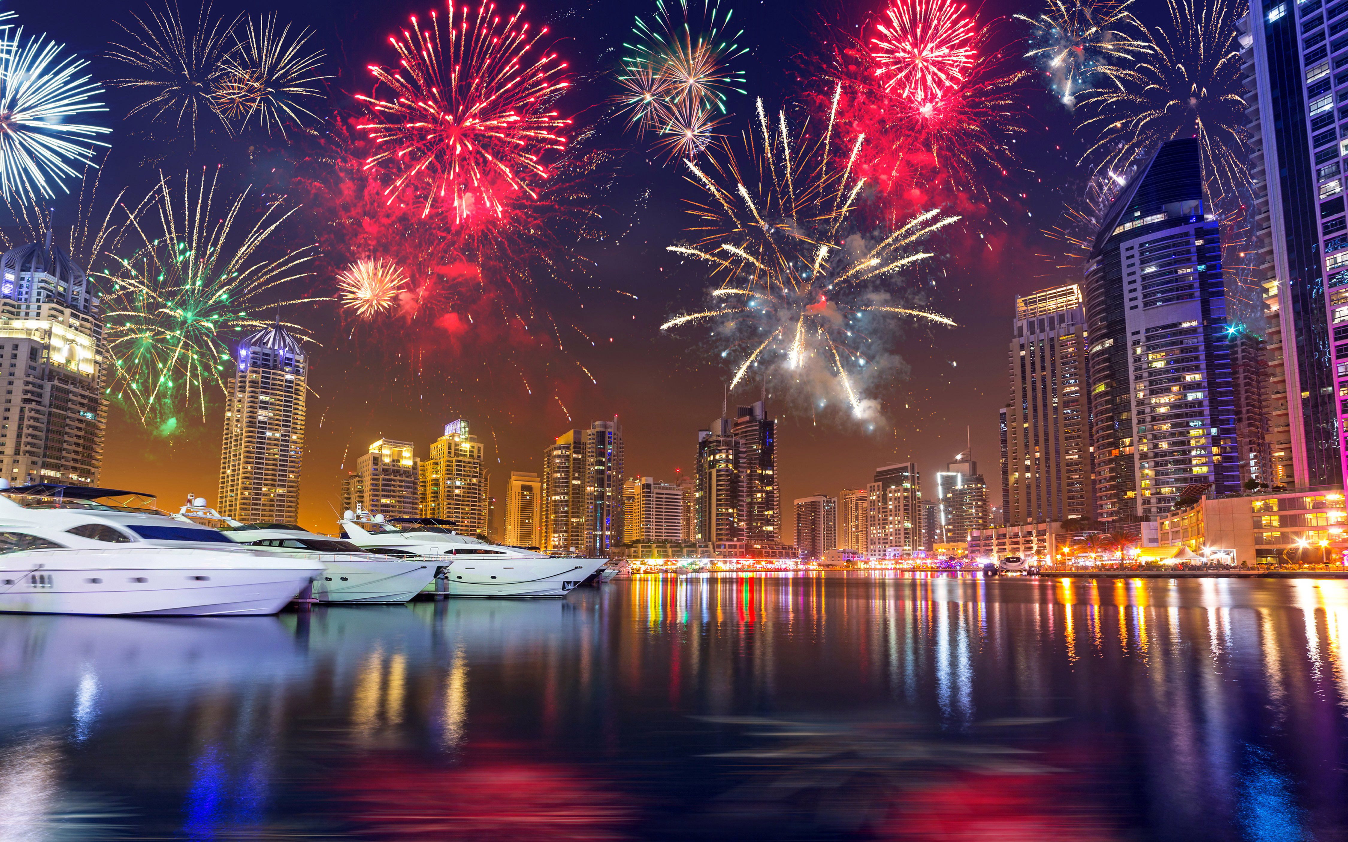 Free download wallpaper Night, Skyscraper, Dubai, Colors, Colorful, Yacht, Fireworks, Photography on your PC desktop
