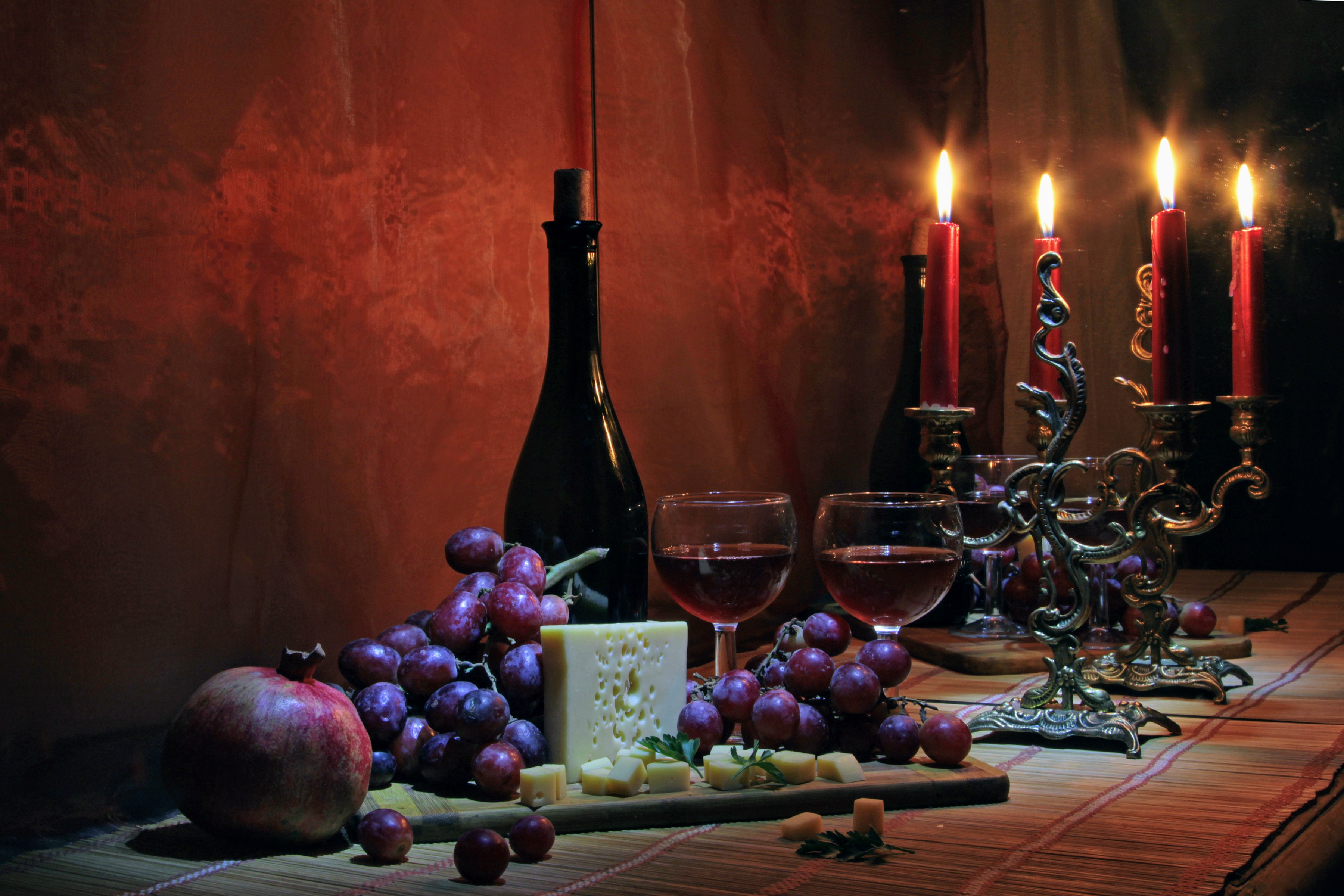 Download mobile wallpaper Cheese, Grapes, Still Life, Candle, Pomegranate, Photography, Wine for free.