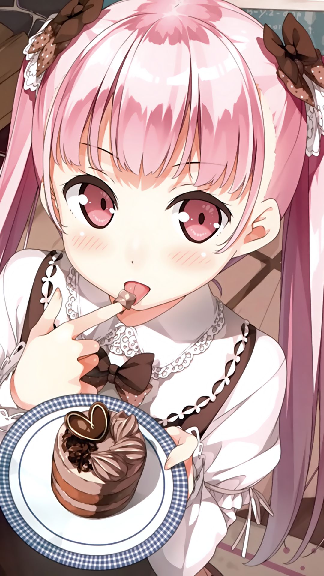 Download mobile wallpaper Anime, Food, Flower, Cake, Original, Maid, Pink Hair, Blush, Long Hair, Twintails, Pink Eyes, Chocolate Cake for free.