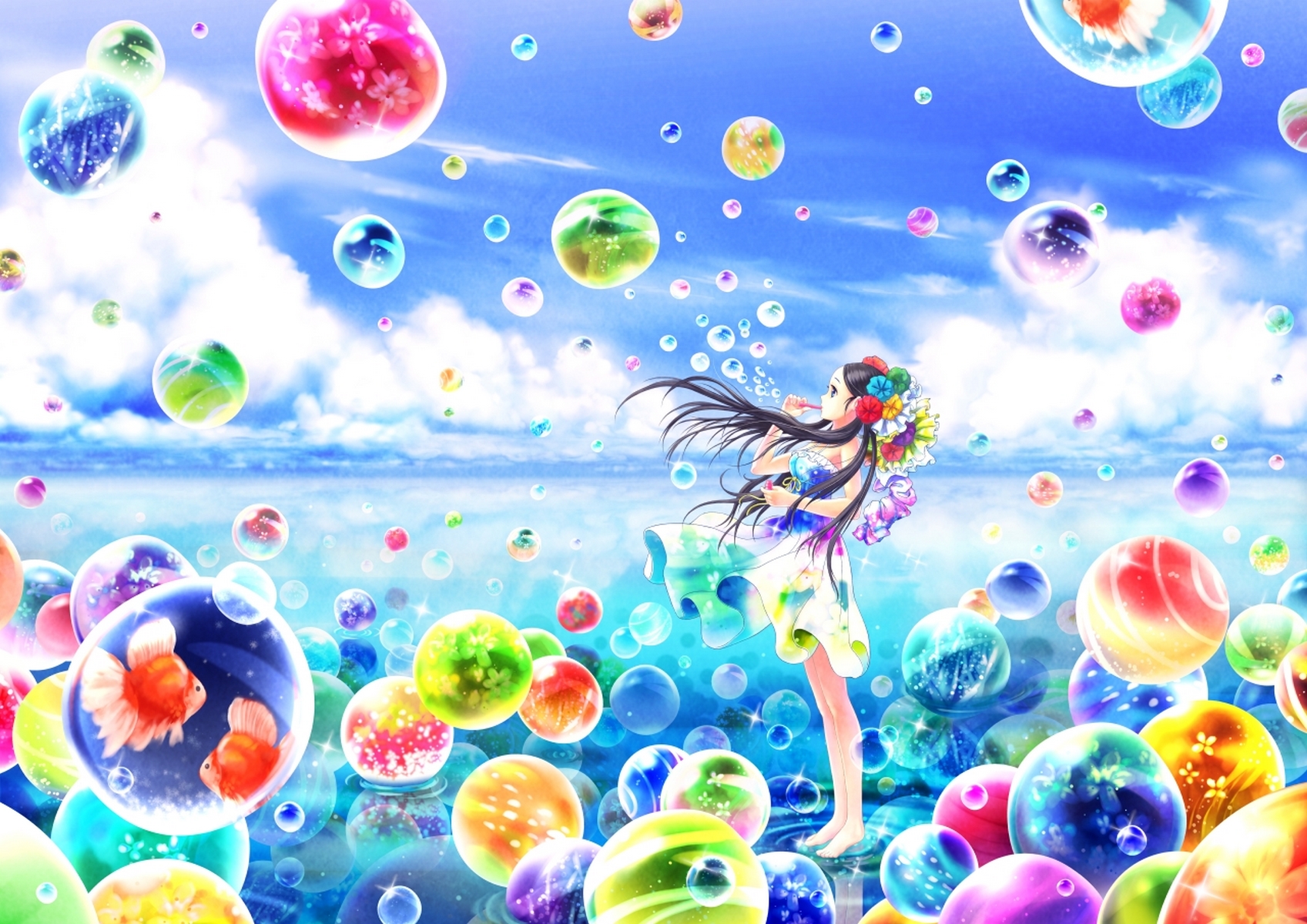 Free download wallpaper Anime, Water, Sky, Girl, Cloud, Dress, Bubble, Black Hair, Long Hair, Barefoot on your PC desktop
