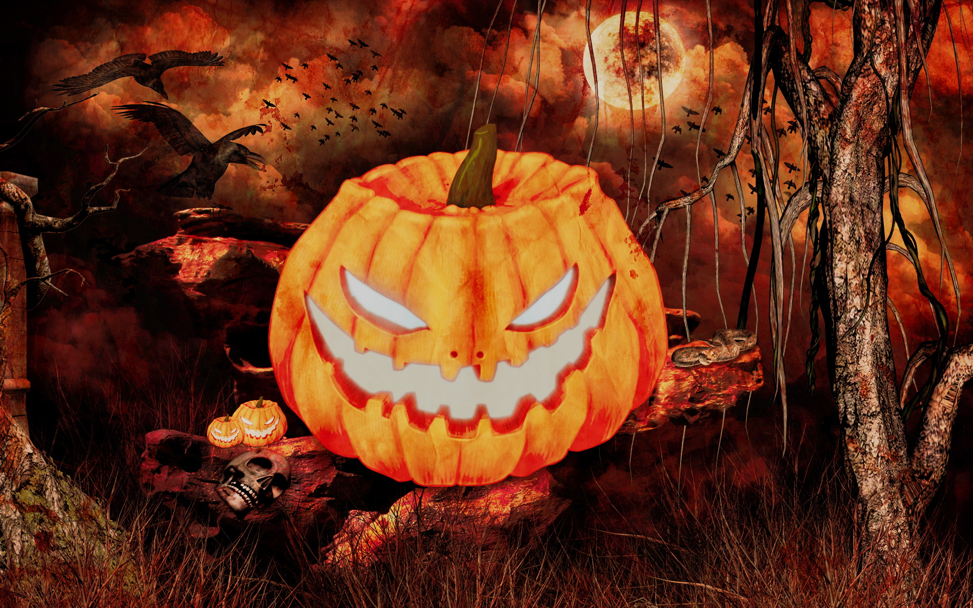 Download mobile wallpaper Halloween, Moon, Tree, Holiday, Raven, Skull, Jack O' Lantern for free.