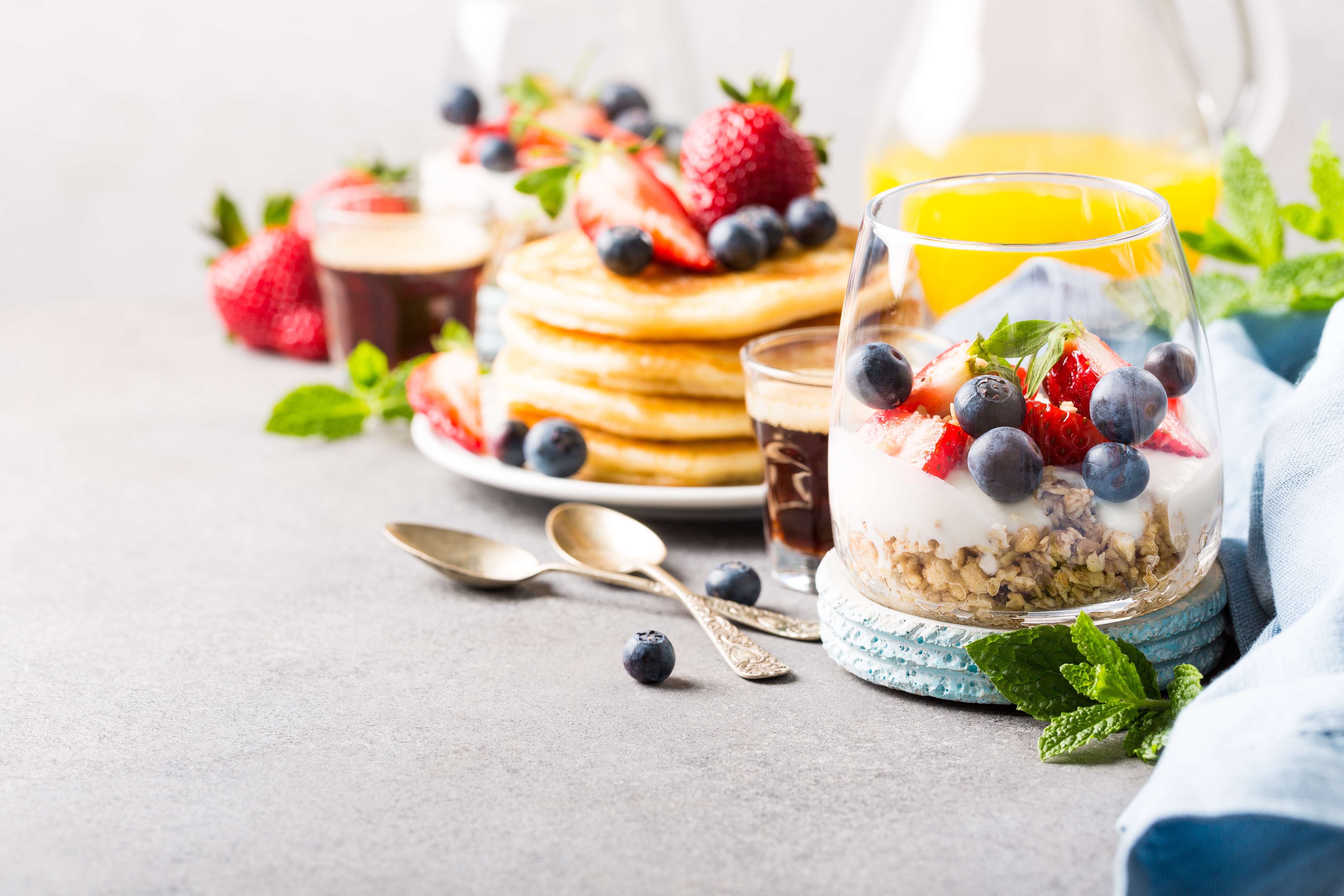 Download mobile wallpaper Food, Blueberry, Still Life, Glass, Berry, Muesli, Breakfast, Pancake for free.